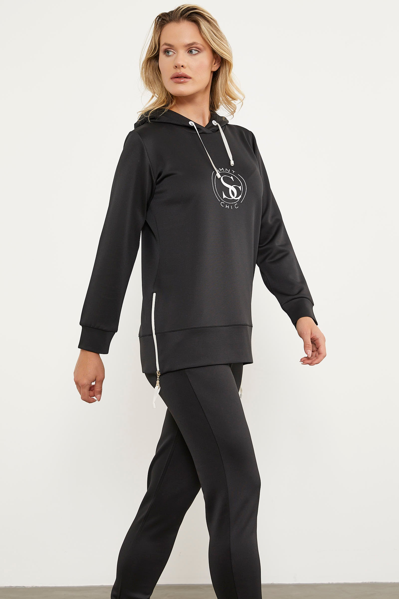 Dalgıç Kumaş Kapüşonlu Tunik Eşofman Takım - Siyah (5) Sementa