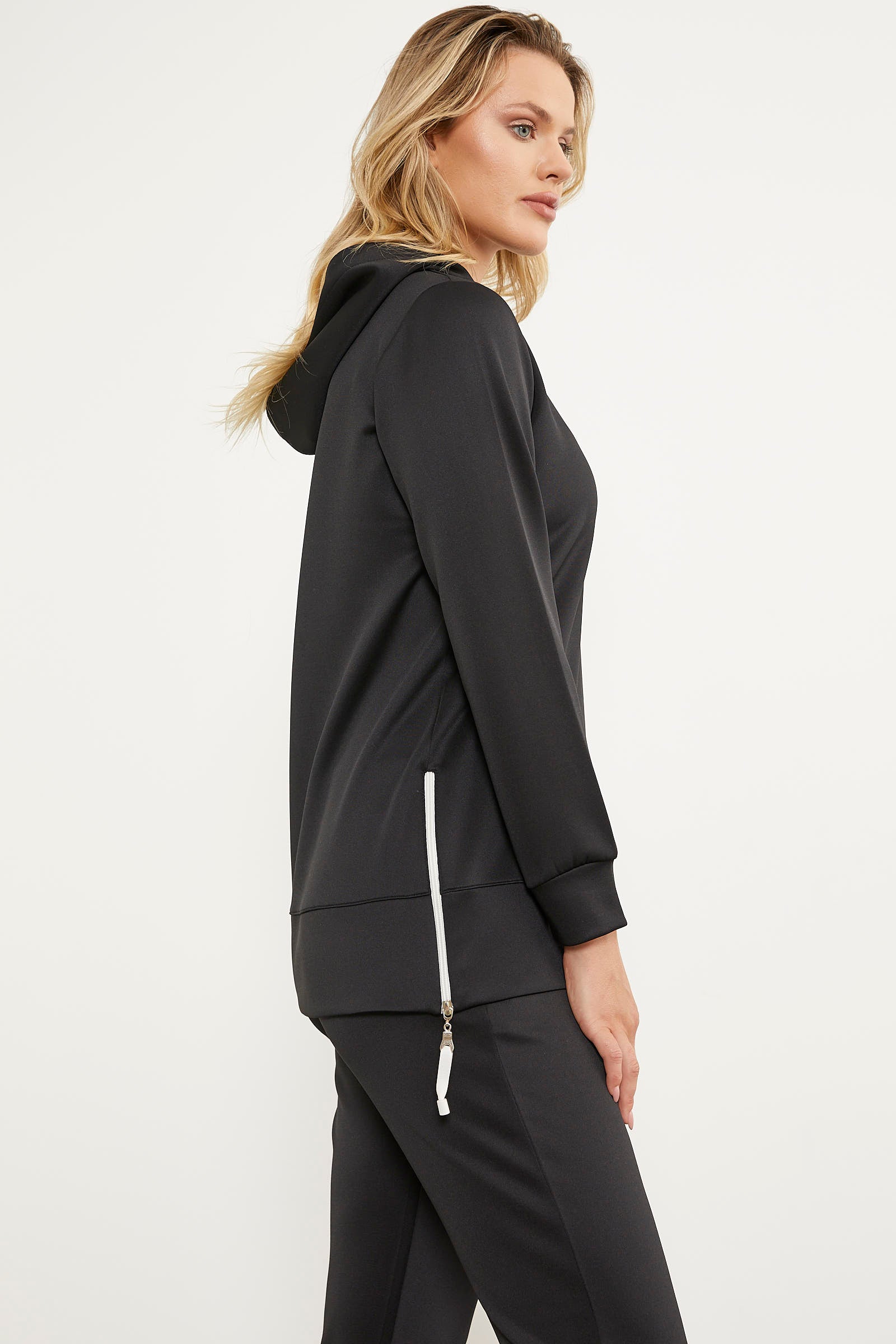 Dalgıç Kumaş Kapüşonlu Tunik Eşofman Takım - Siyah (6) Sementa