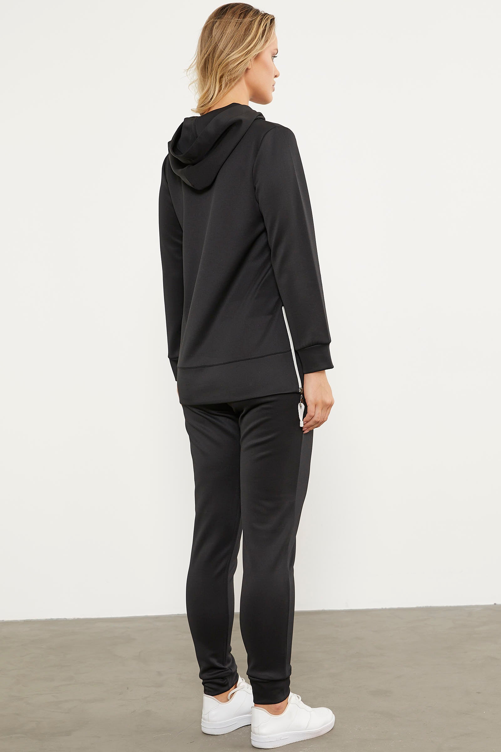 Dalgıç Kumaş Kapüşonlu Tunik Eşofman Takım - Siyah (7) Sementa