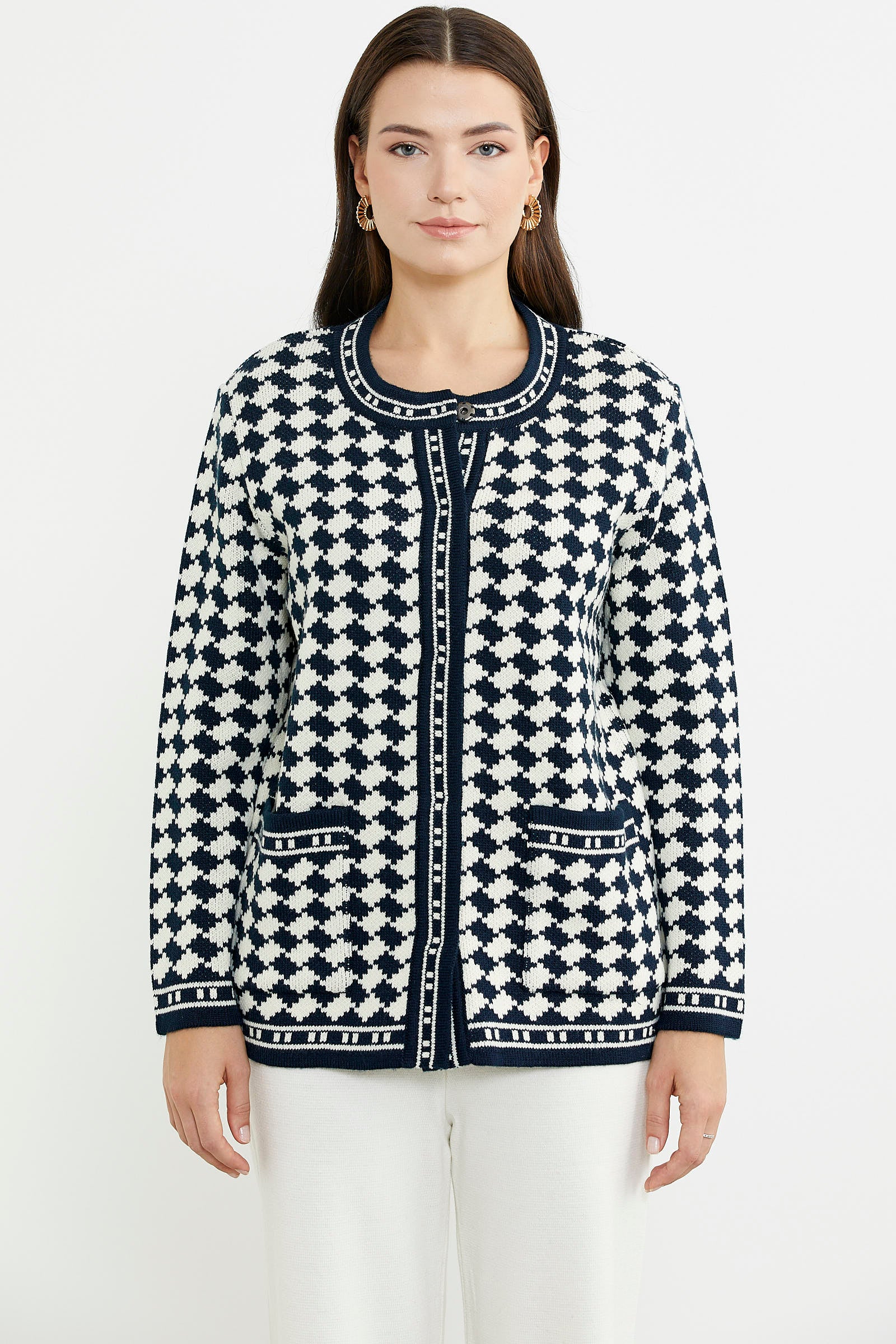 Yünlü Dama Desenli Cepli Triko Ceket - Lacivert - Sementa