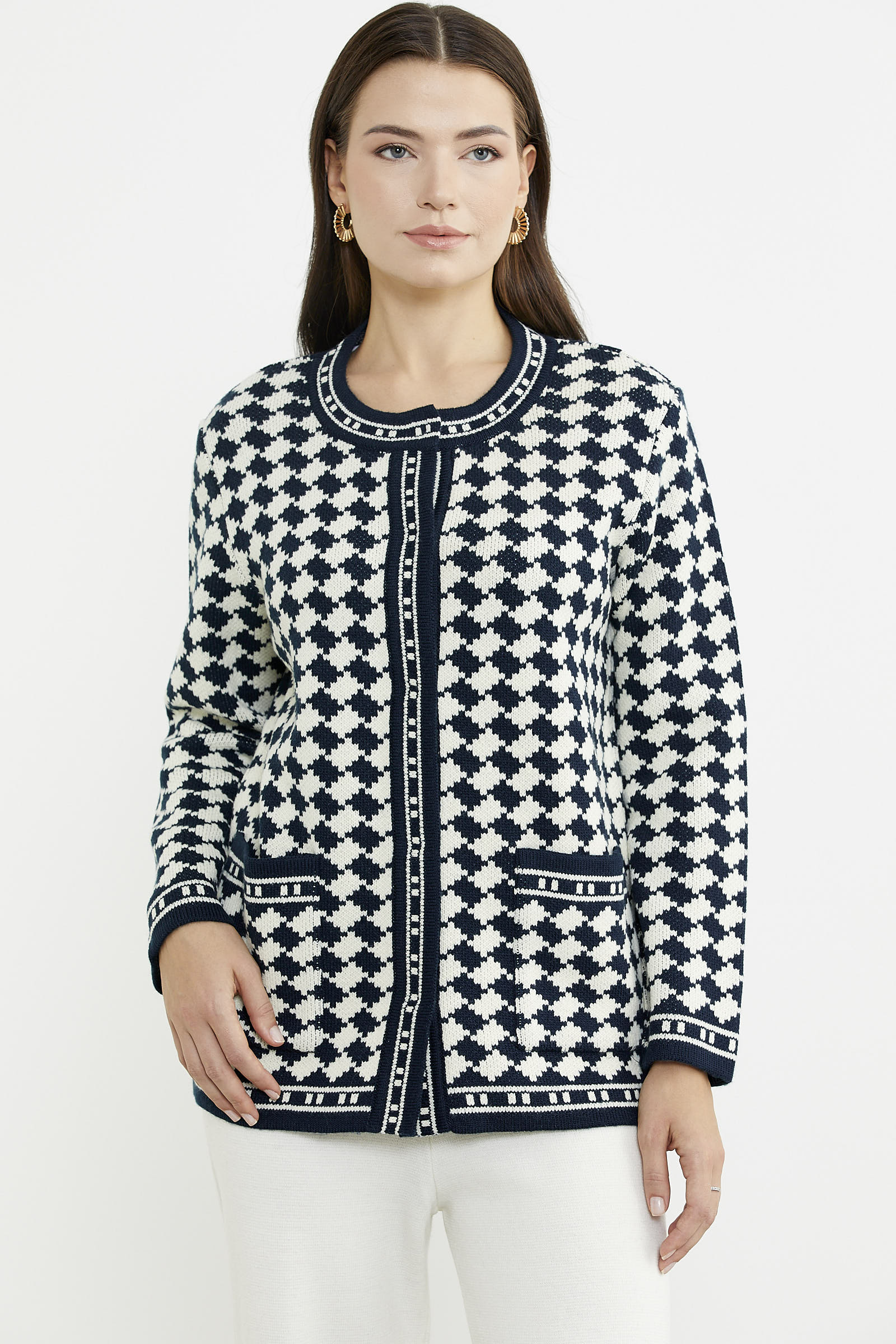 Yünlü Dama Desenli Cepli Triko Ceket - Lacivert - Sementa