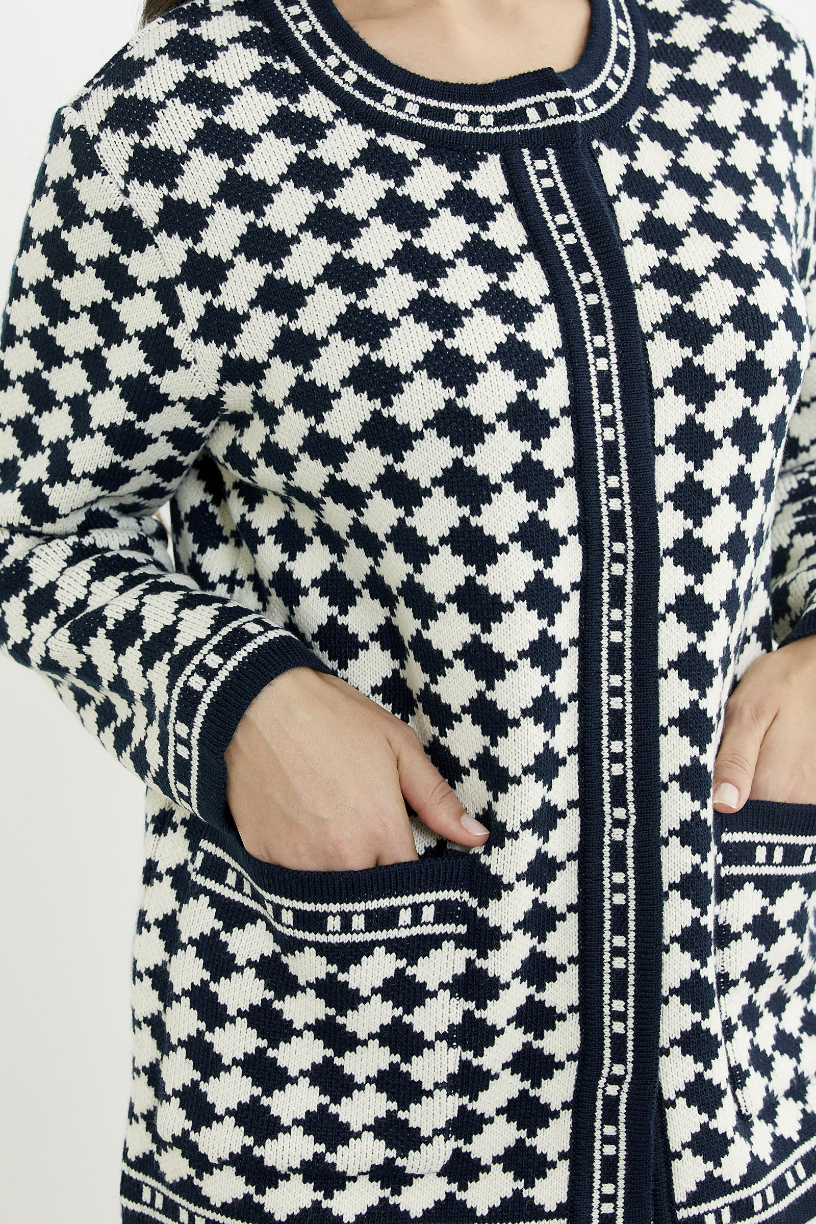 Yünlü Dama Desenli Cepli Triko Ceket - Lacivert - Sementa