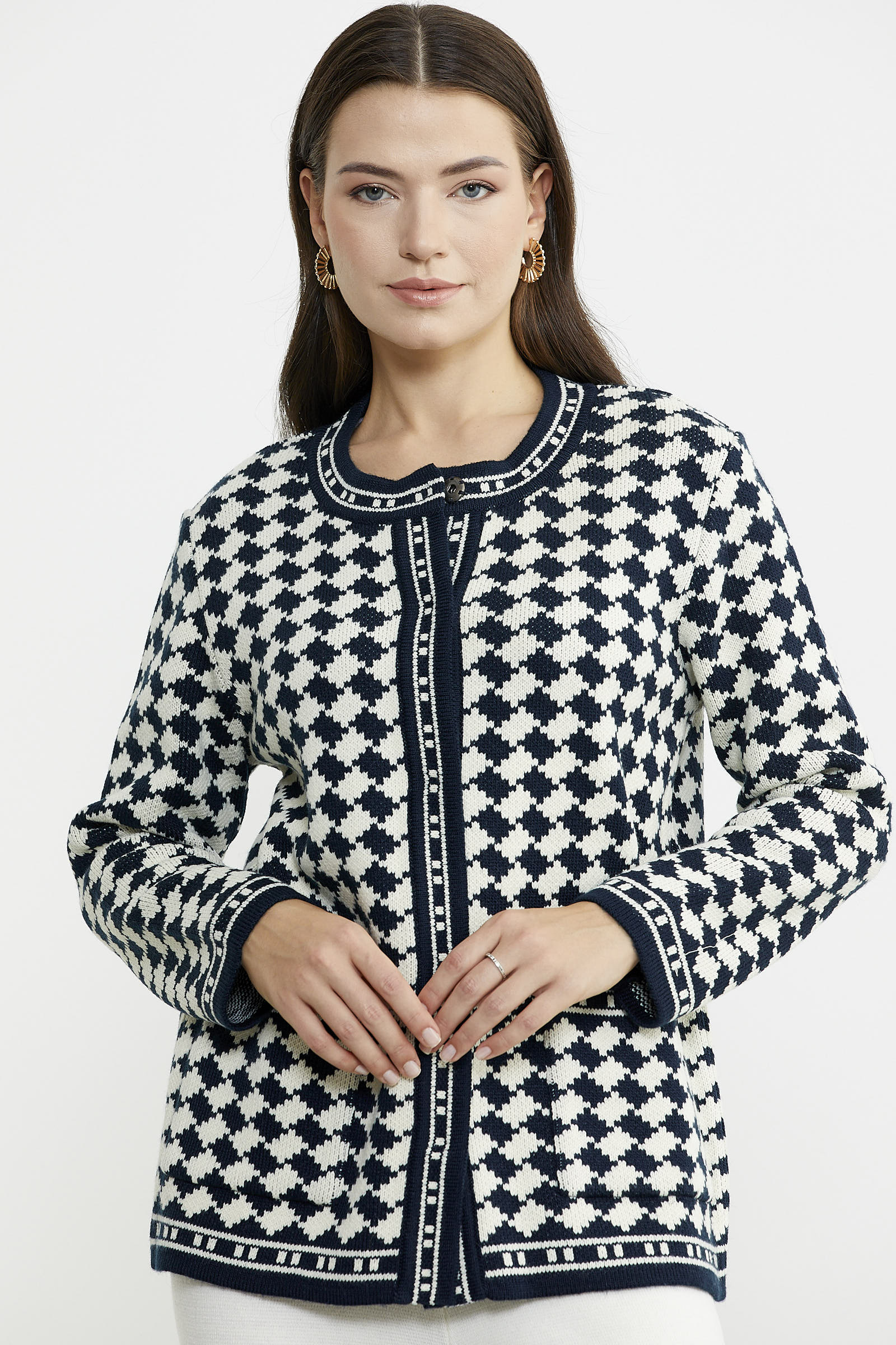 Yünlü Dama Desenli Cepli Triko Ceket - Lacivert - Sementa