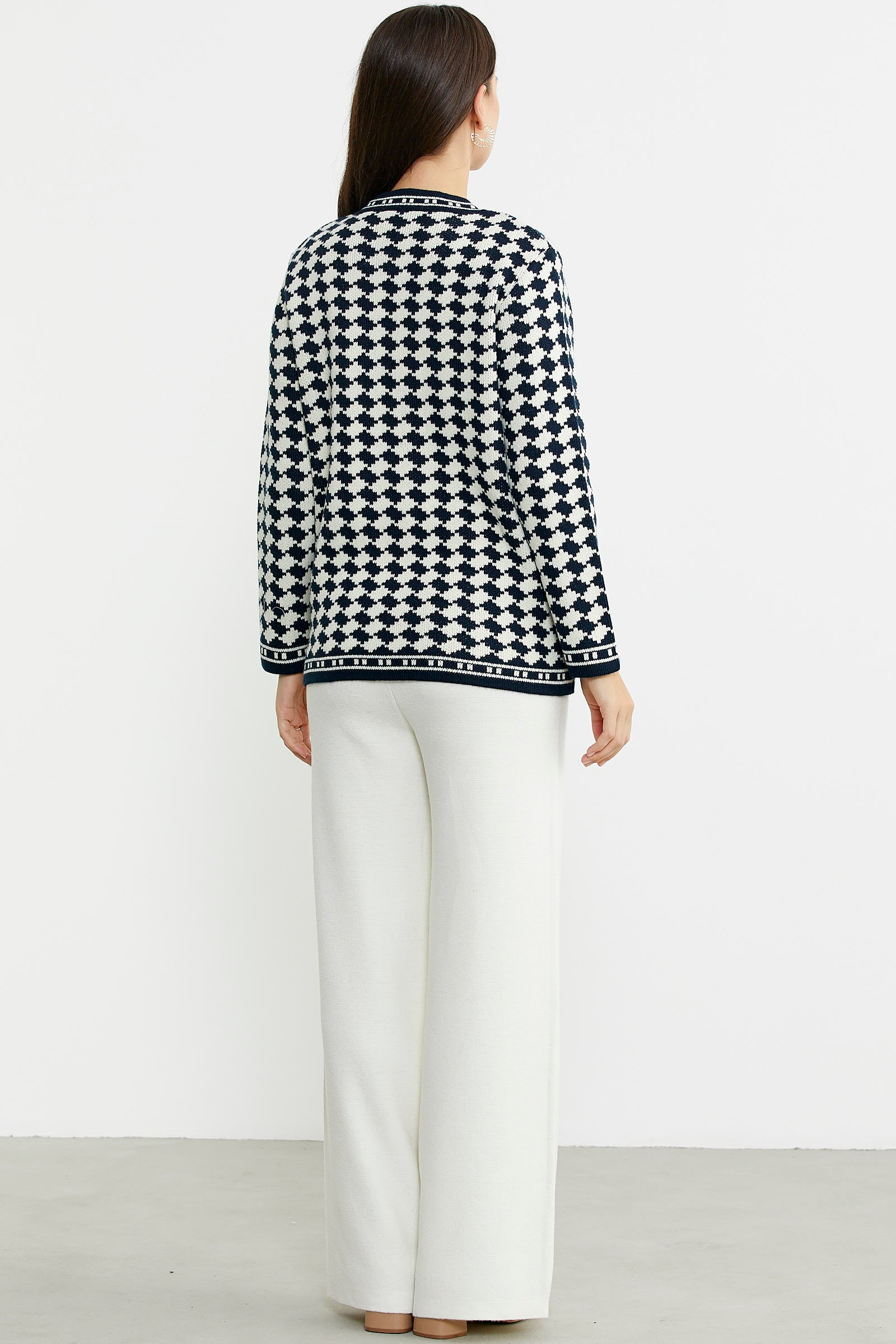 Yünlü Dama Desenli Cepli Triko Ceket - Lacivert - Sementa