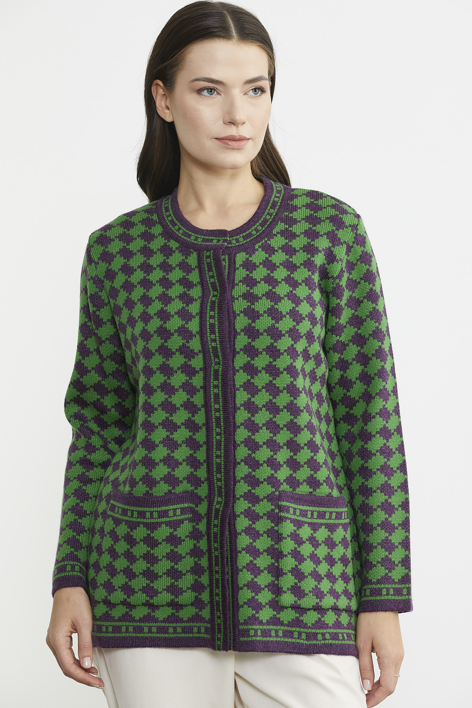 Yünlü Dama Desenli Cepli Triko Ceket - Mor - Sementa