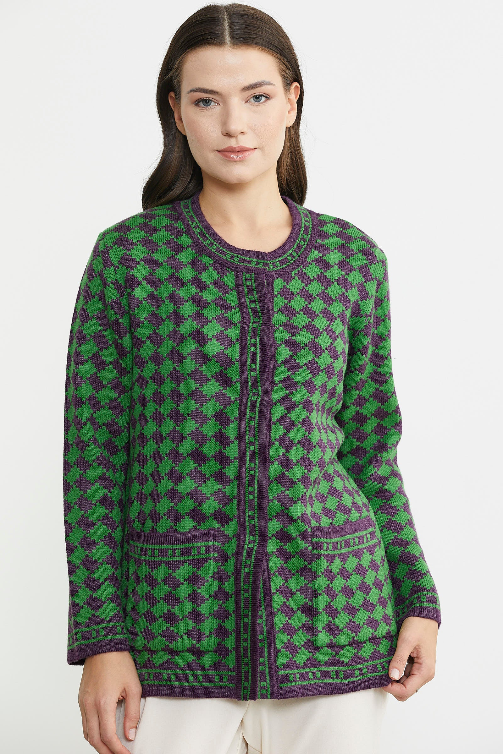 Yünlü Dama Desenli Cepli Triko Ceket - Mor - Sementa