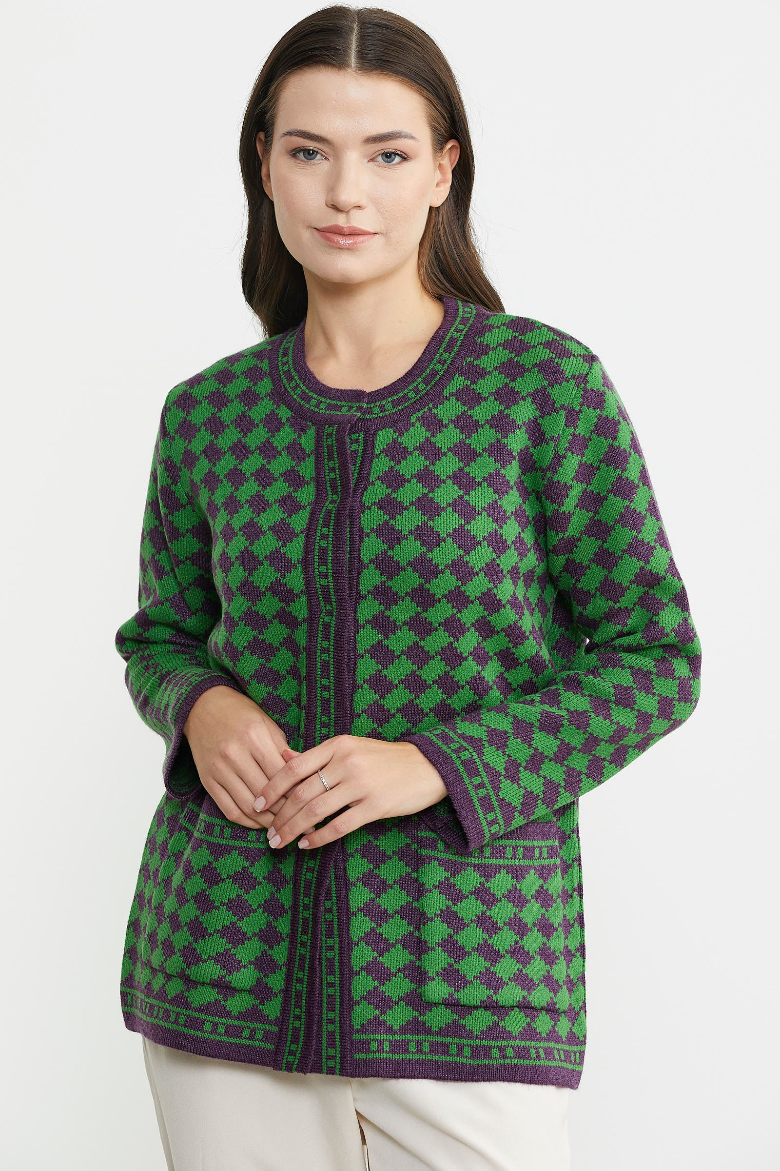 Yünlü Dama Desenli Cepli Triko Ceket - Mor - Sementa