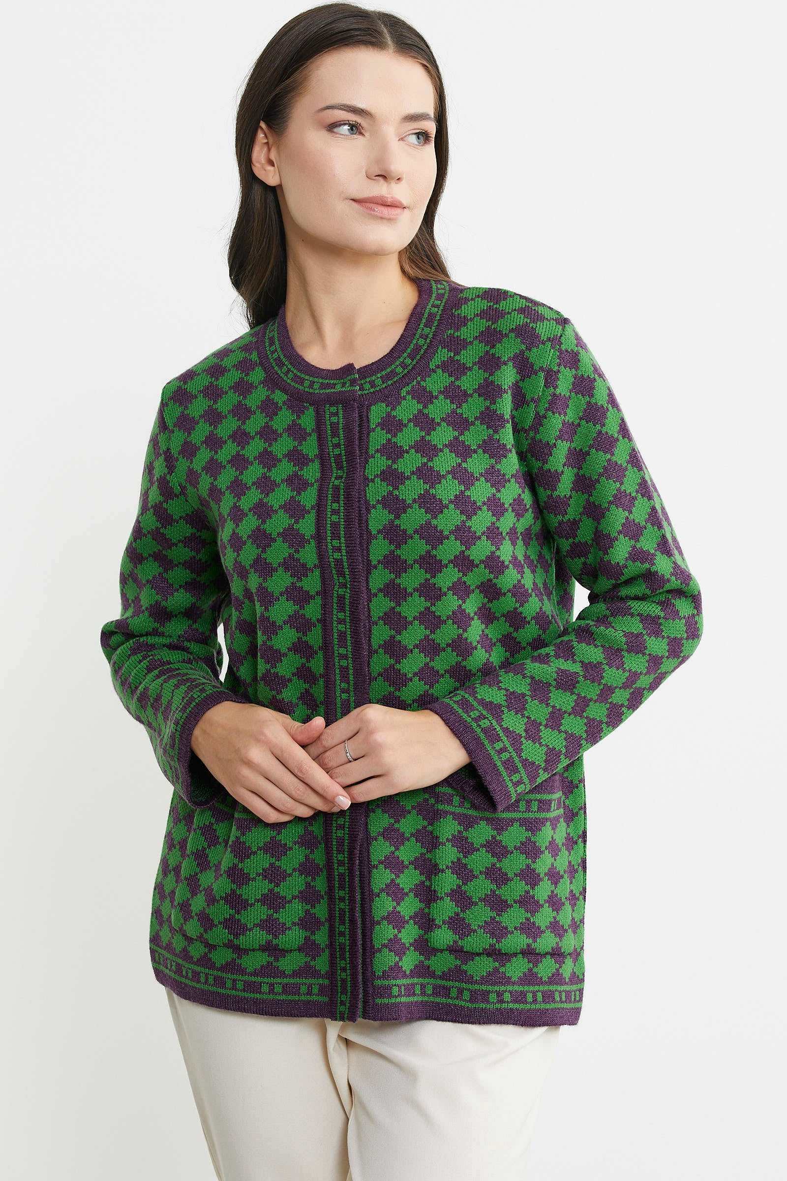 Yünlü Dama Desenli Cepli Triko Ceket - Mor - Sementa