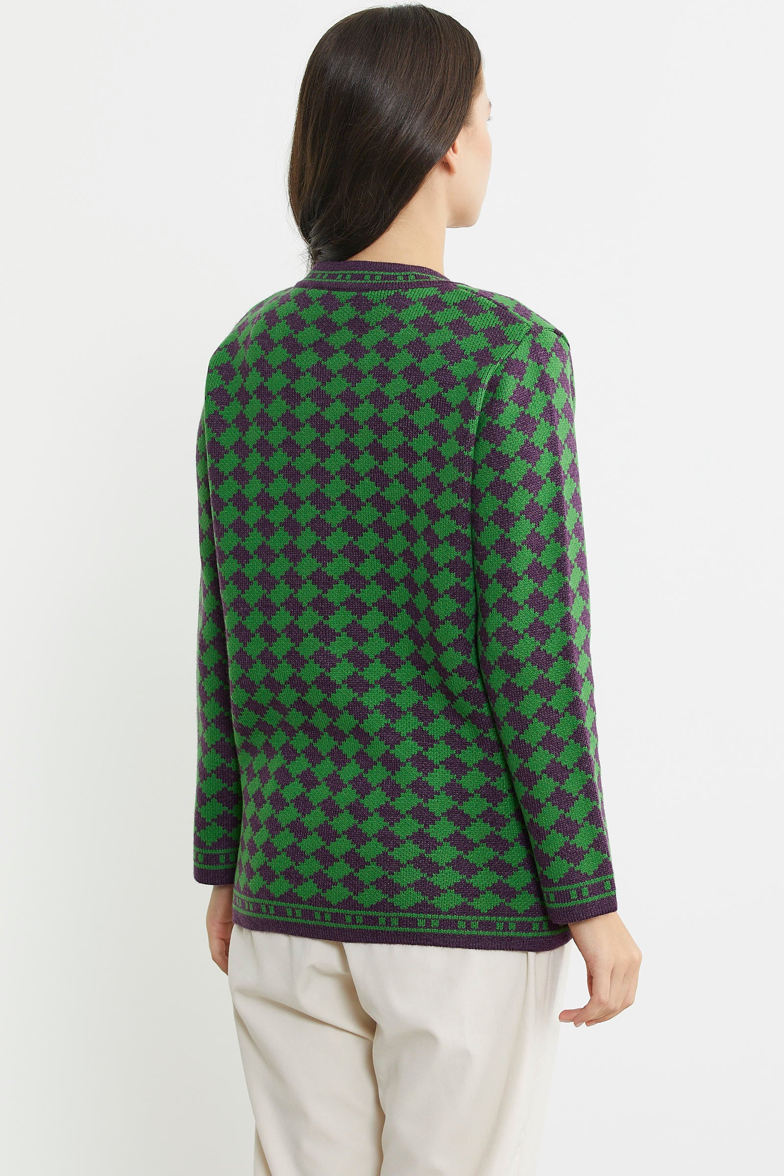 Yünlü Dama Desenli Cepli Triko Ceket - Mor - Sementa