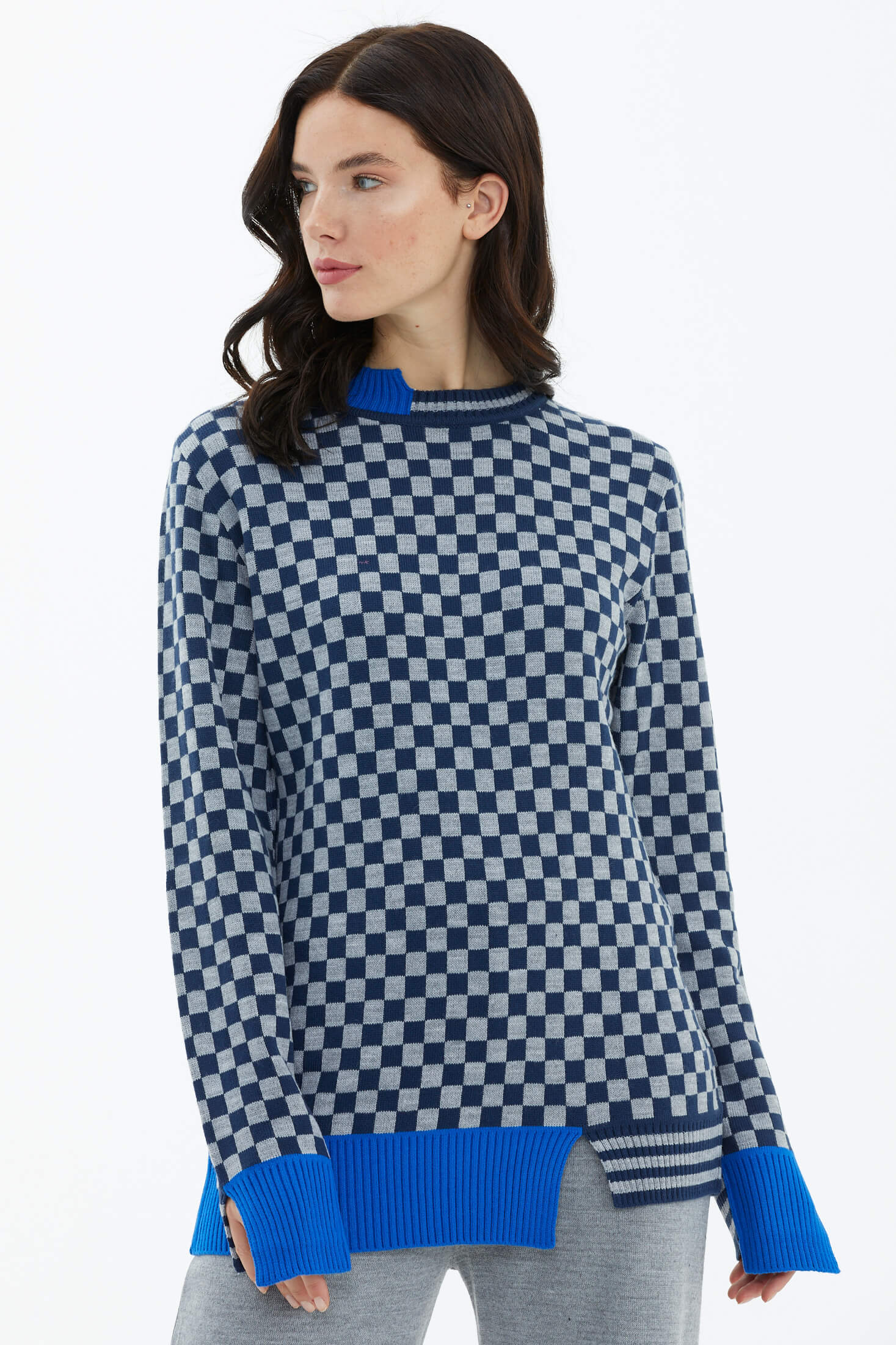 Dama Desenli Sıfır Yaka Triko Kazak - Lacivert (3) Sementa