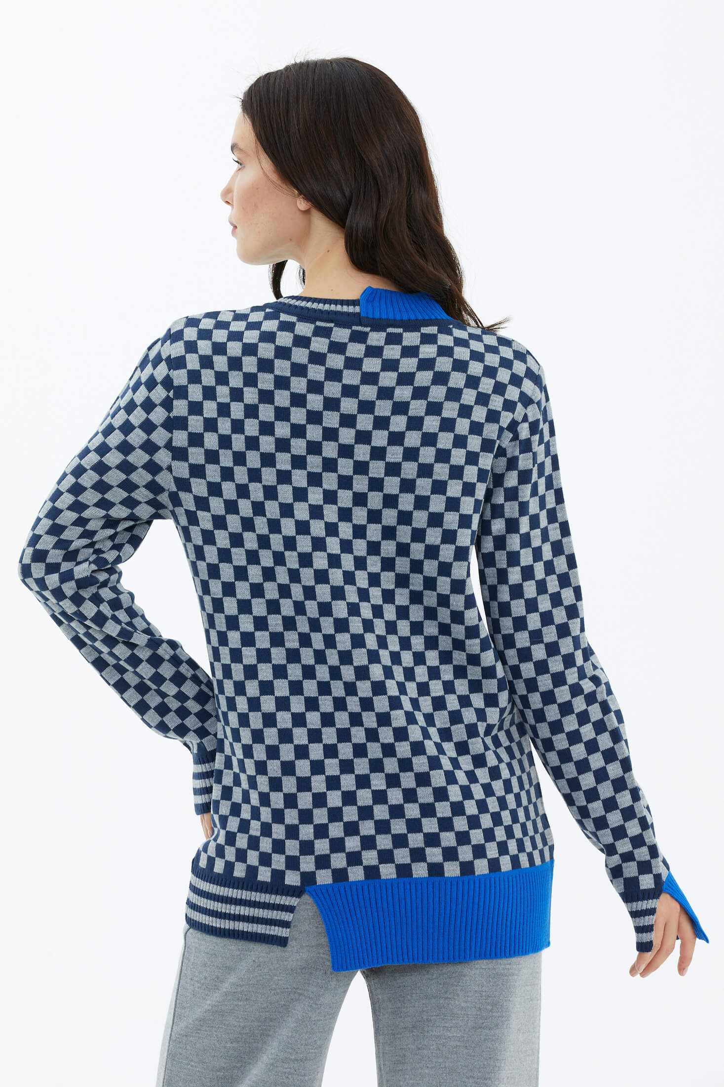 Dama Desenli Sıfır Yaka Triko Kazak - Lacivert (5) Sementa