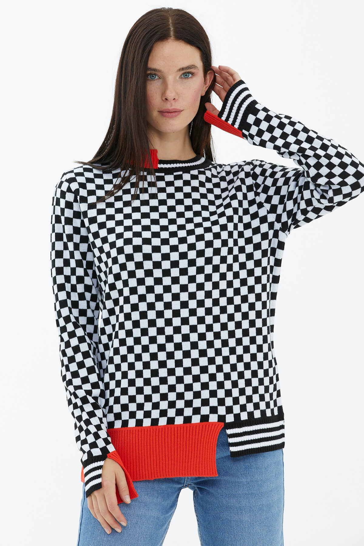 Dama Desenli Sıfır Yaka Triko Kazak - Siyah (3) Sementa