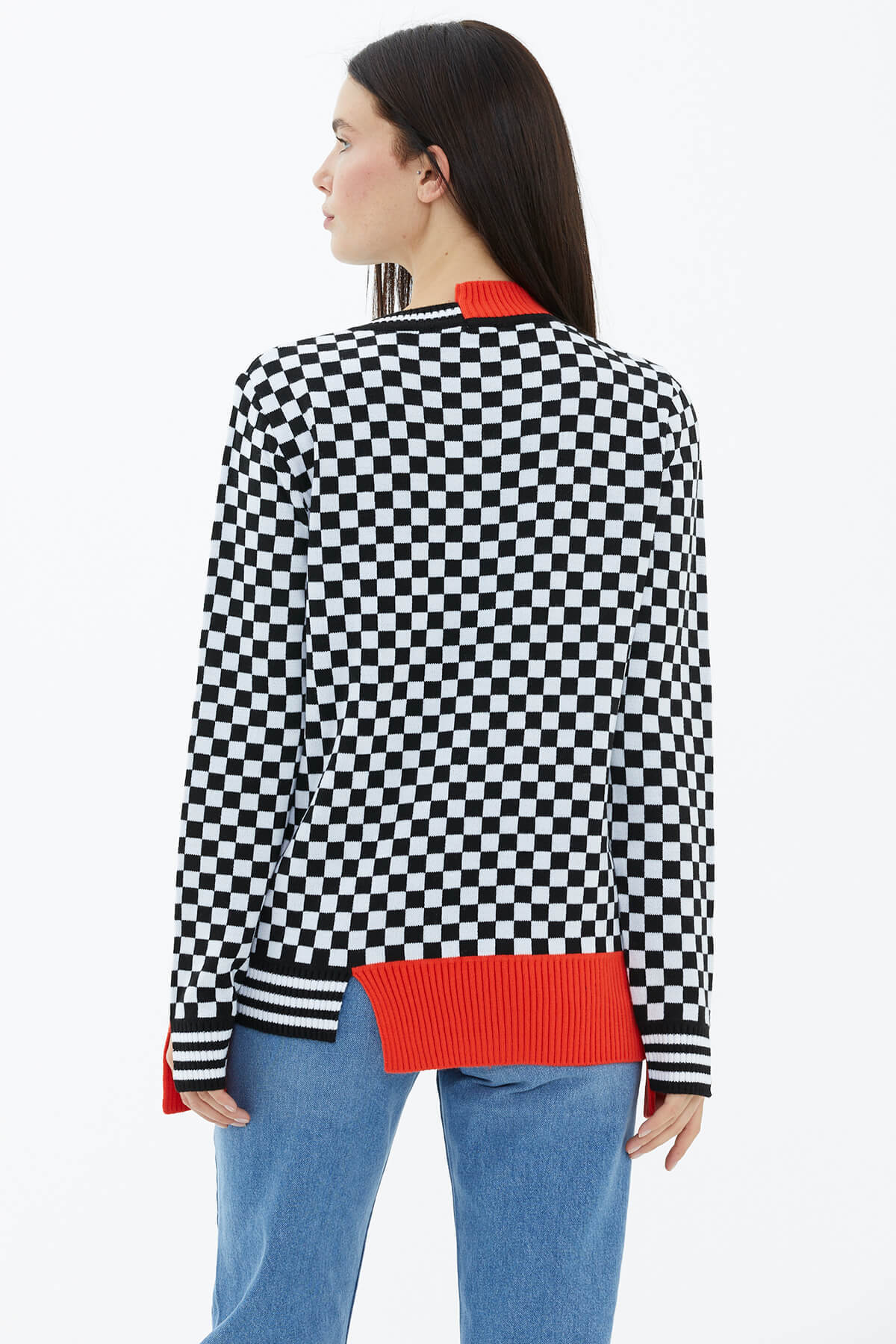 Dama Desenli Sıfır Yaka Triko Kazak - Siyah (4) Sementa