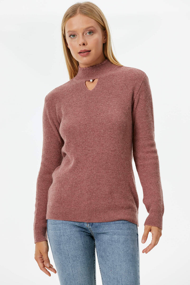 Damla Yaka İnci Detaylı Triko Kazak - Gül (3) Sementa