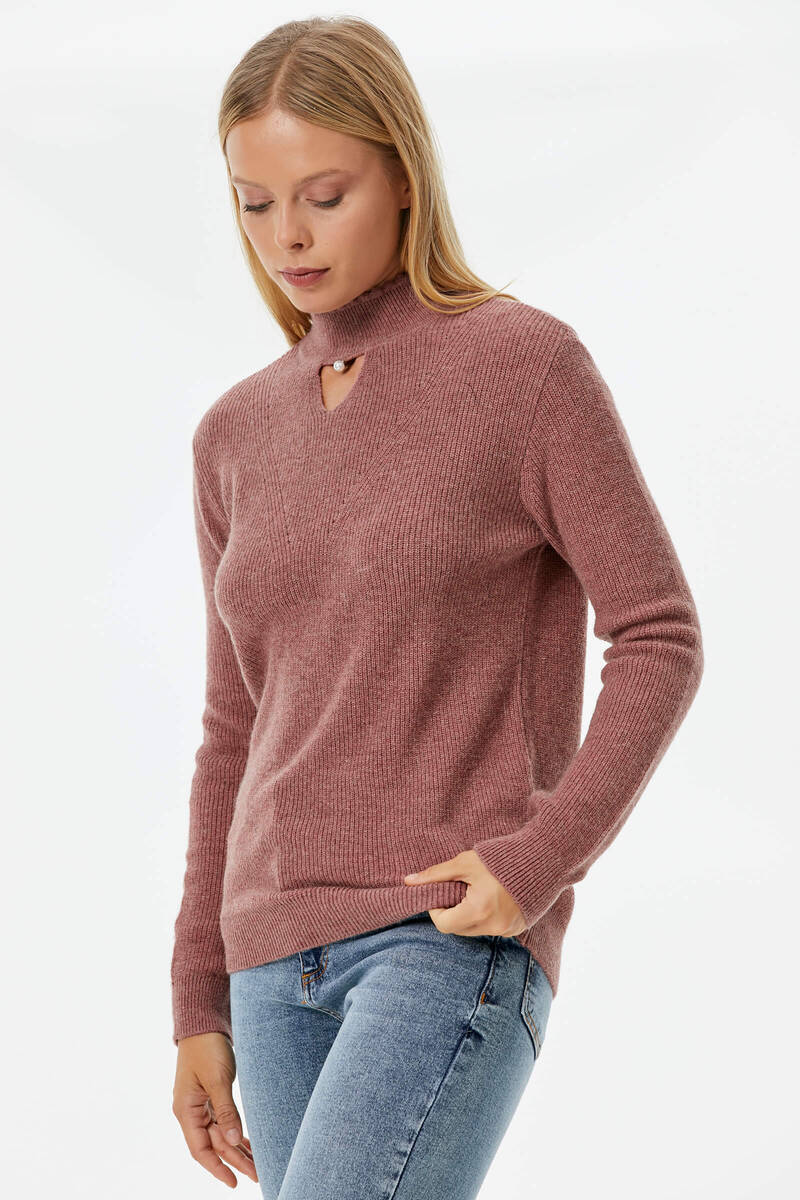 Damla Yaka İnci Detaylı Triko Kazak - Gül (4) Sementa