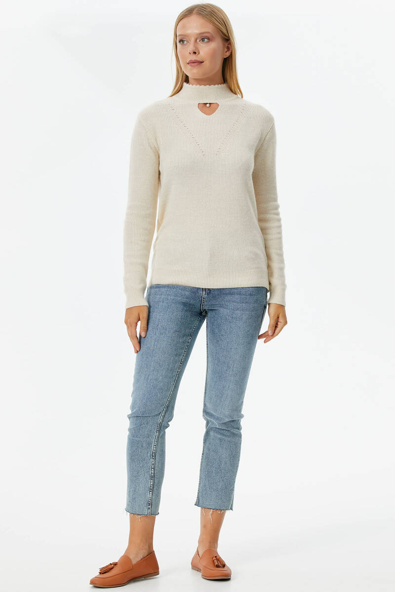 Damla Yaka İnci Detaylı Triko Kazak - Kemik (3) Sementa