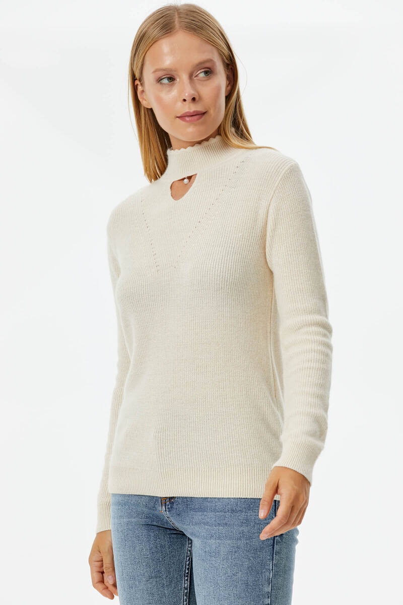 Damla Yaka İnci Detaylı Triko Kazak - Kemik (4) Sementa