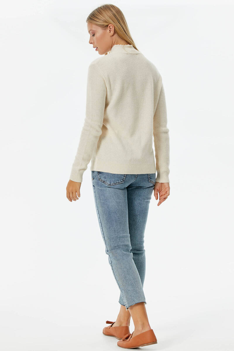 Damla Yaka İnci Detaylı Triko Kazak - Kemik (5) Sementa