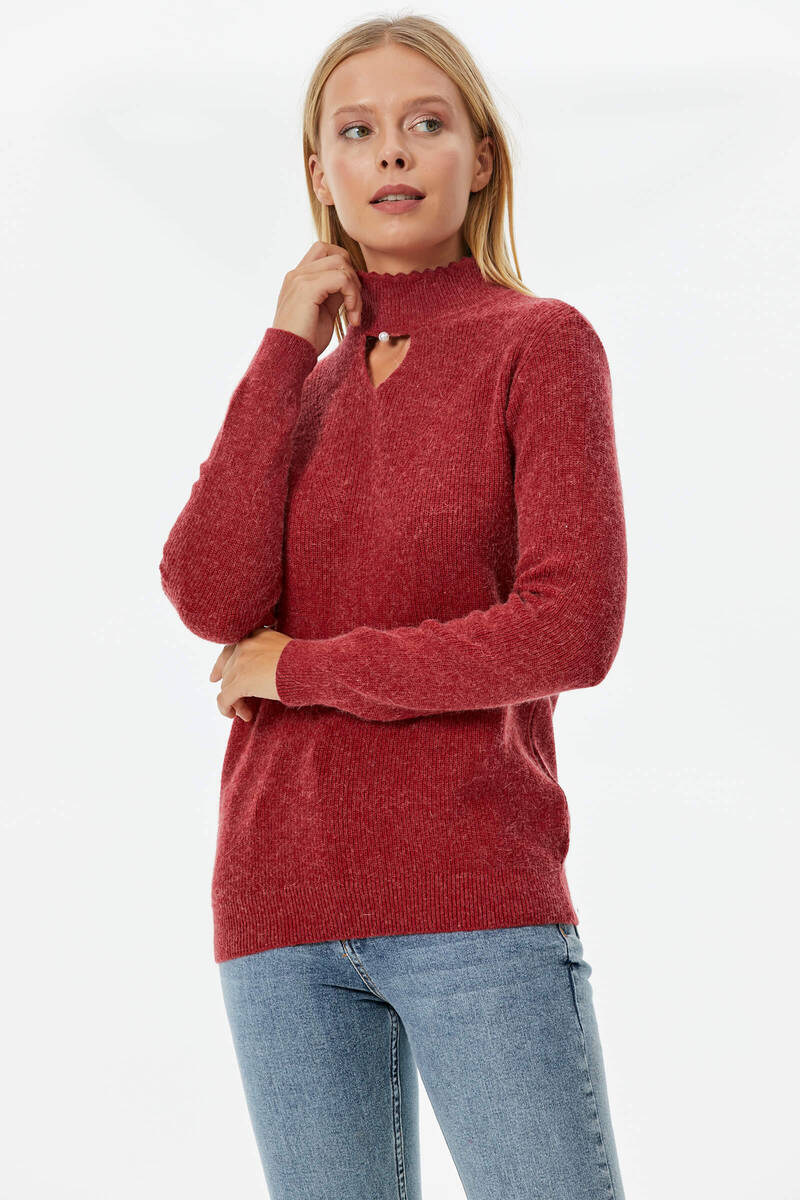 Damla Yaka İnci Detaylı Triko Kazak - Kırmızı (3) Sementa