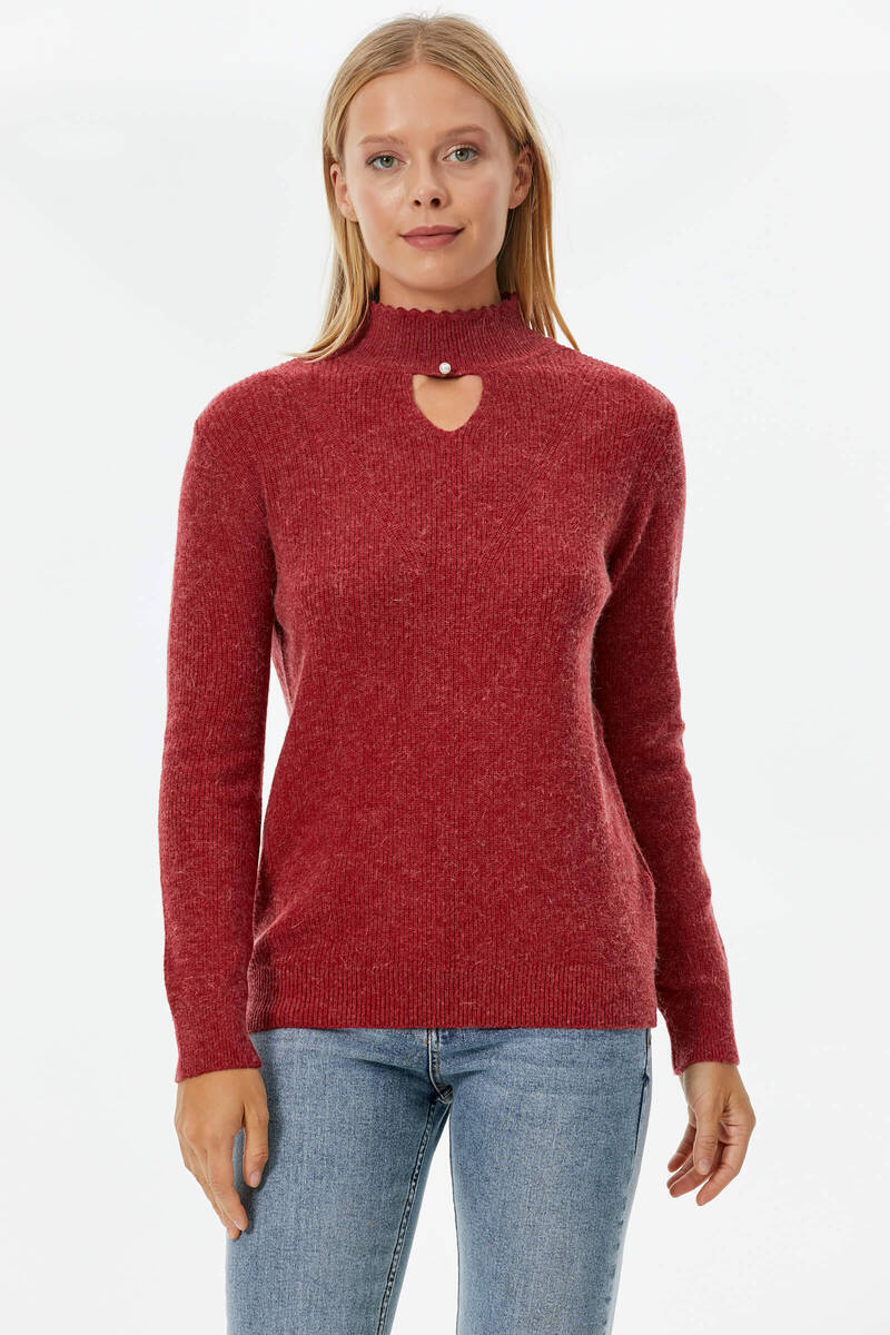 Damla Yaka İnci Detaylı Triko Kazak - Kırmızı (4) Sementa