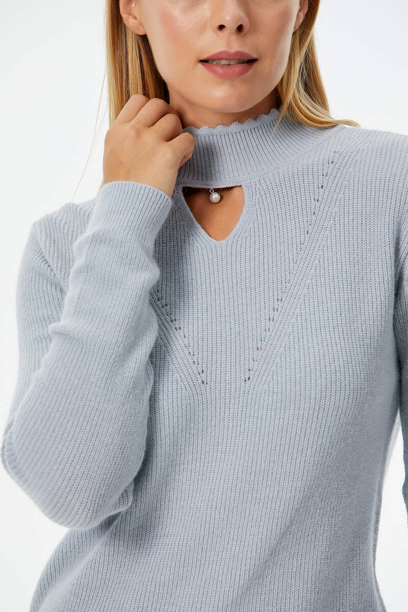 Damla Yaka İnci Detaylı Triko Kazak - Mavi (3) Sementa