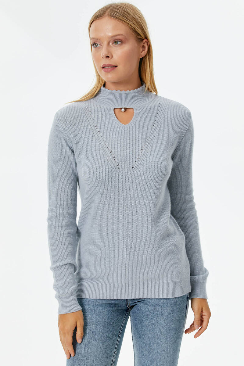 Damla Yaka İnci Detaylı Triko Kazak - Mavi (4) Sementa