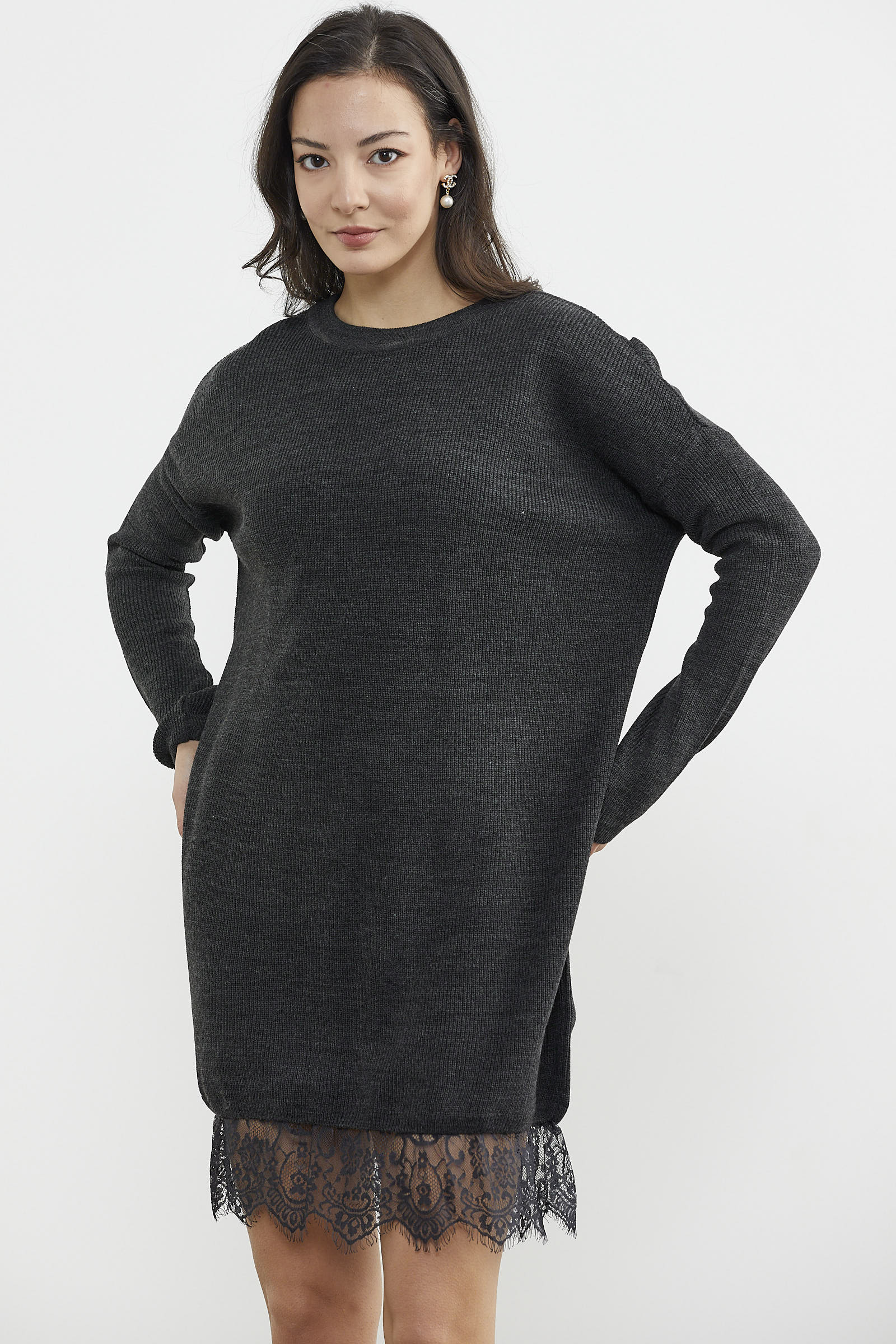 Dantel Detaylı Kısa Triko Elbise - Antrasit (2) Sementa