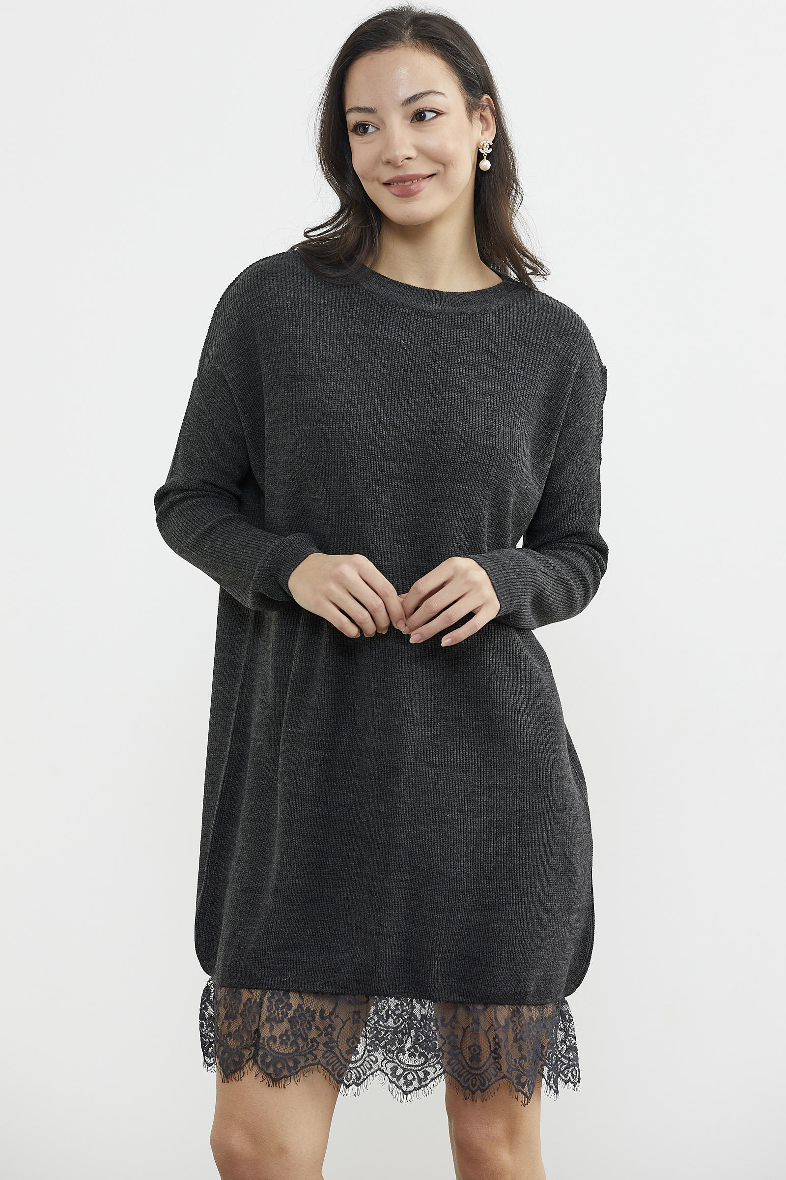 Dantel Detaylı Kısa Triko Elbise - Antrasit (5) Sementa