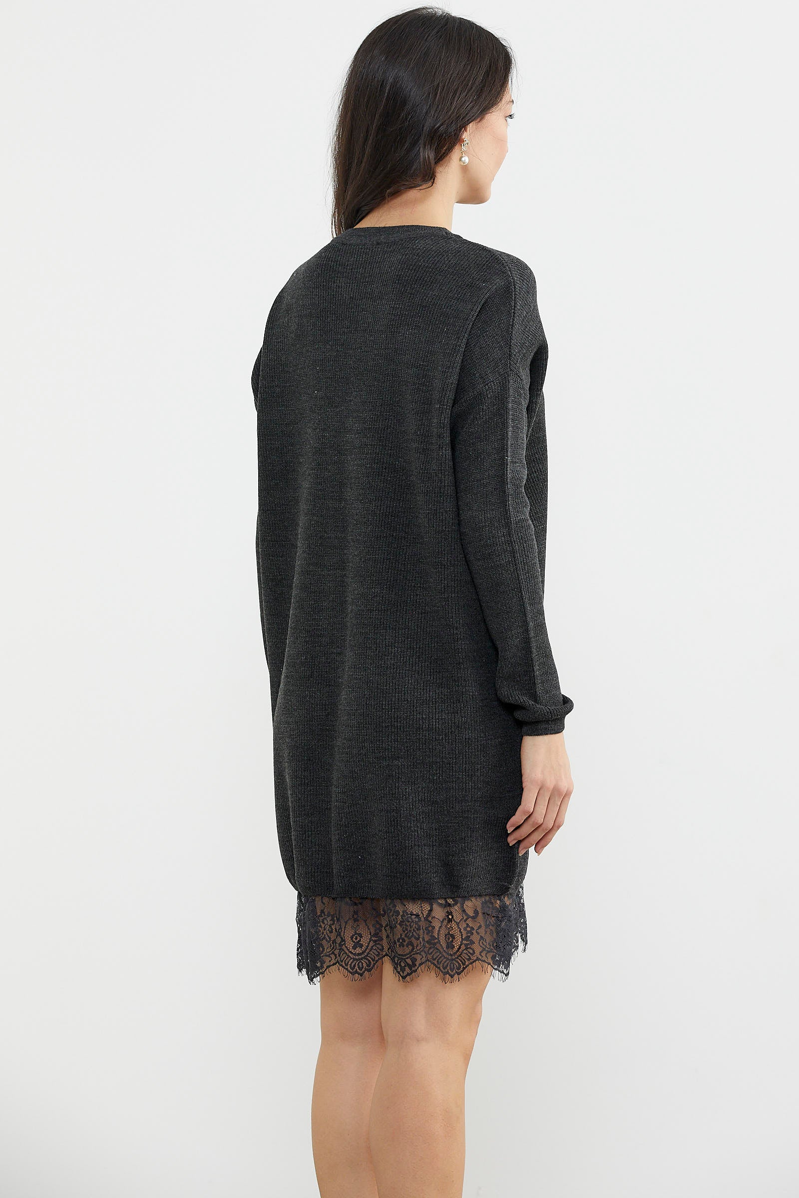 Dantel Detaylı Kısa Triko Elbise - Antrasit (6) Sementa