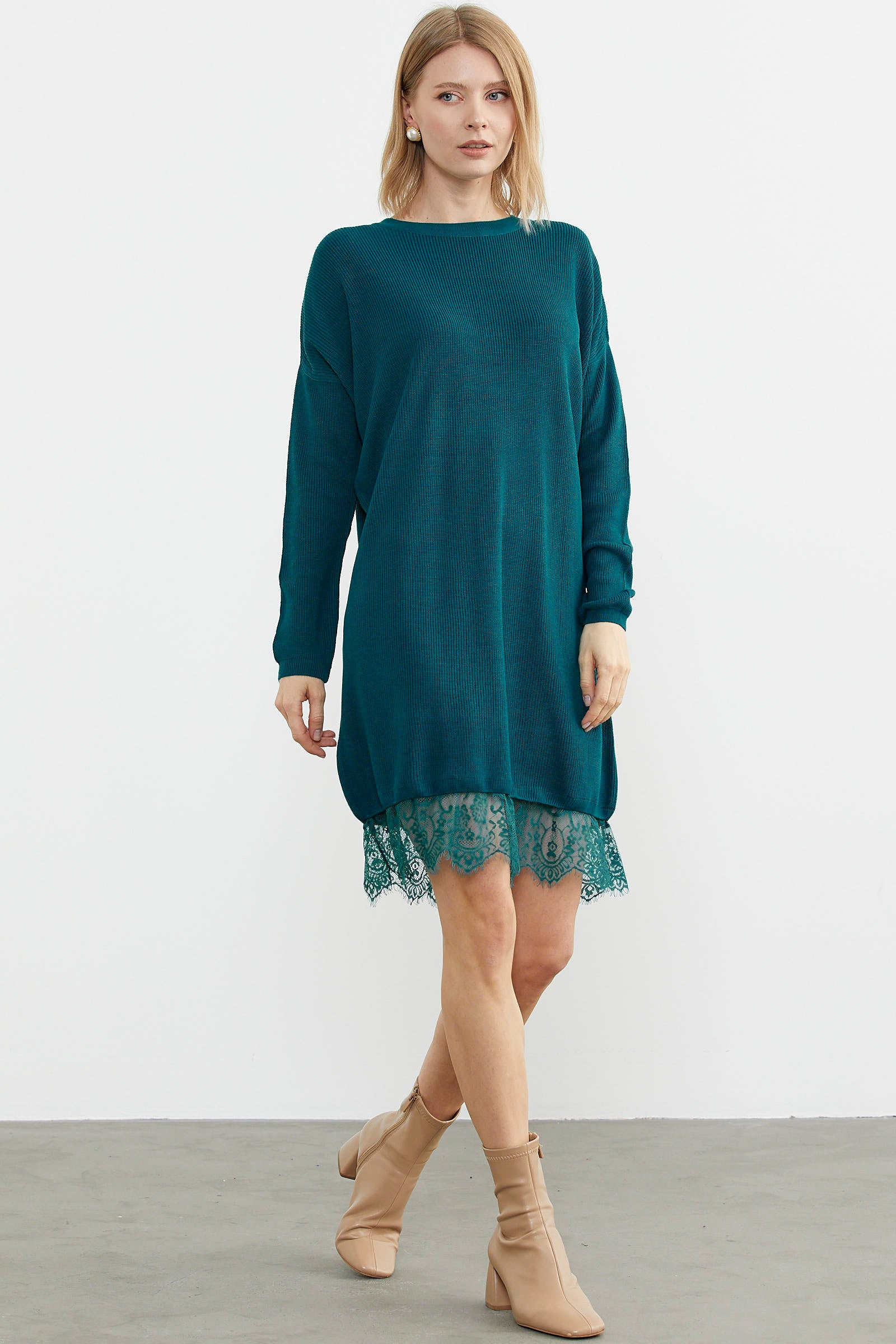 Dantel Detaylı Kısa Triko Elbise - Turkuaz (1) Sementa