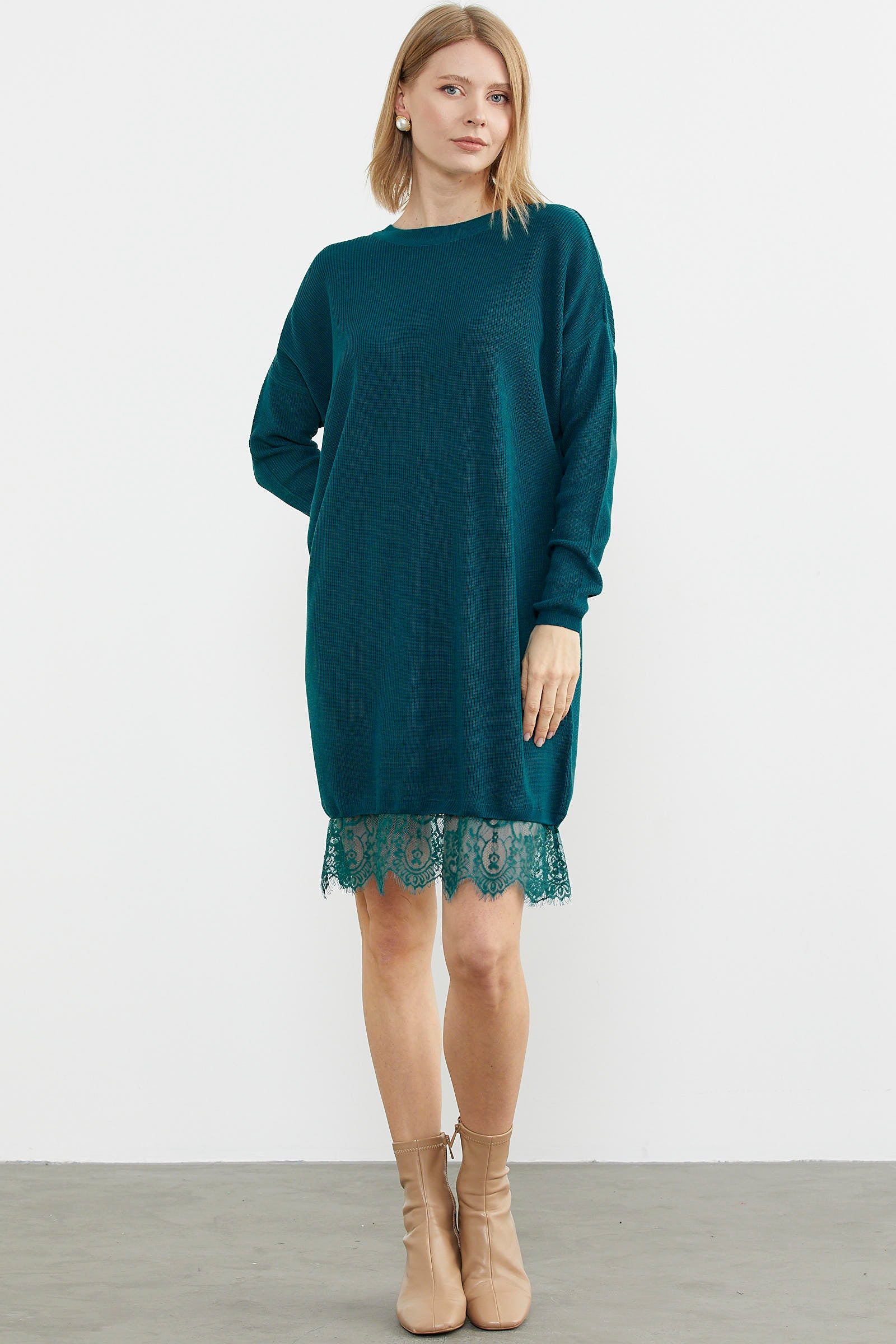 Dantel Detaylı Kısa Triko Elbise - Turkuaz (2) Sementa