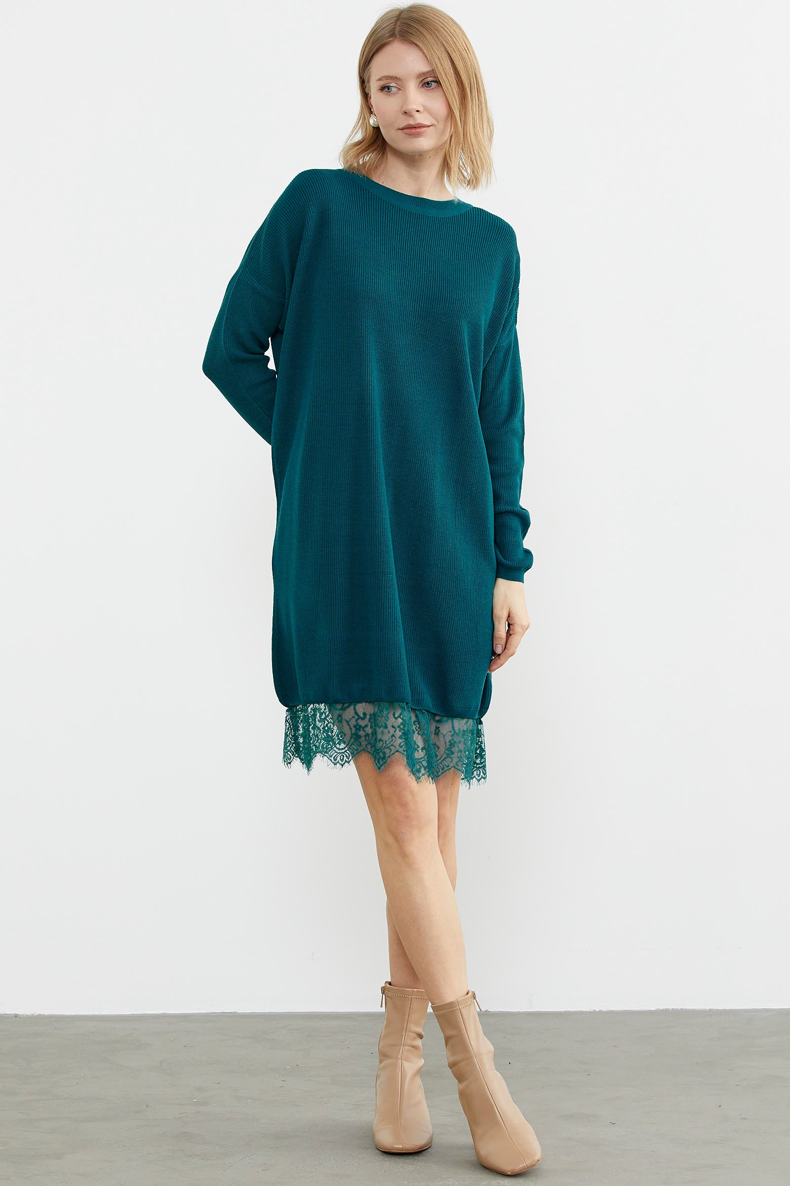 Dantel Detaylı Kısa Triko Elbise - Turkuaz (3) Sementa