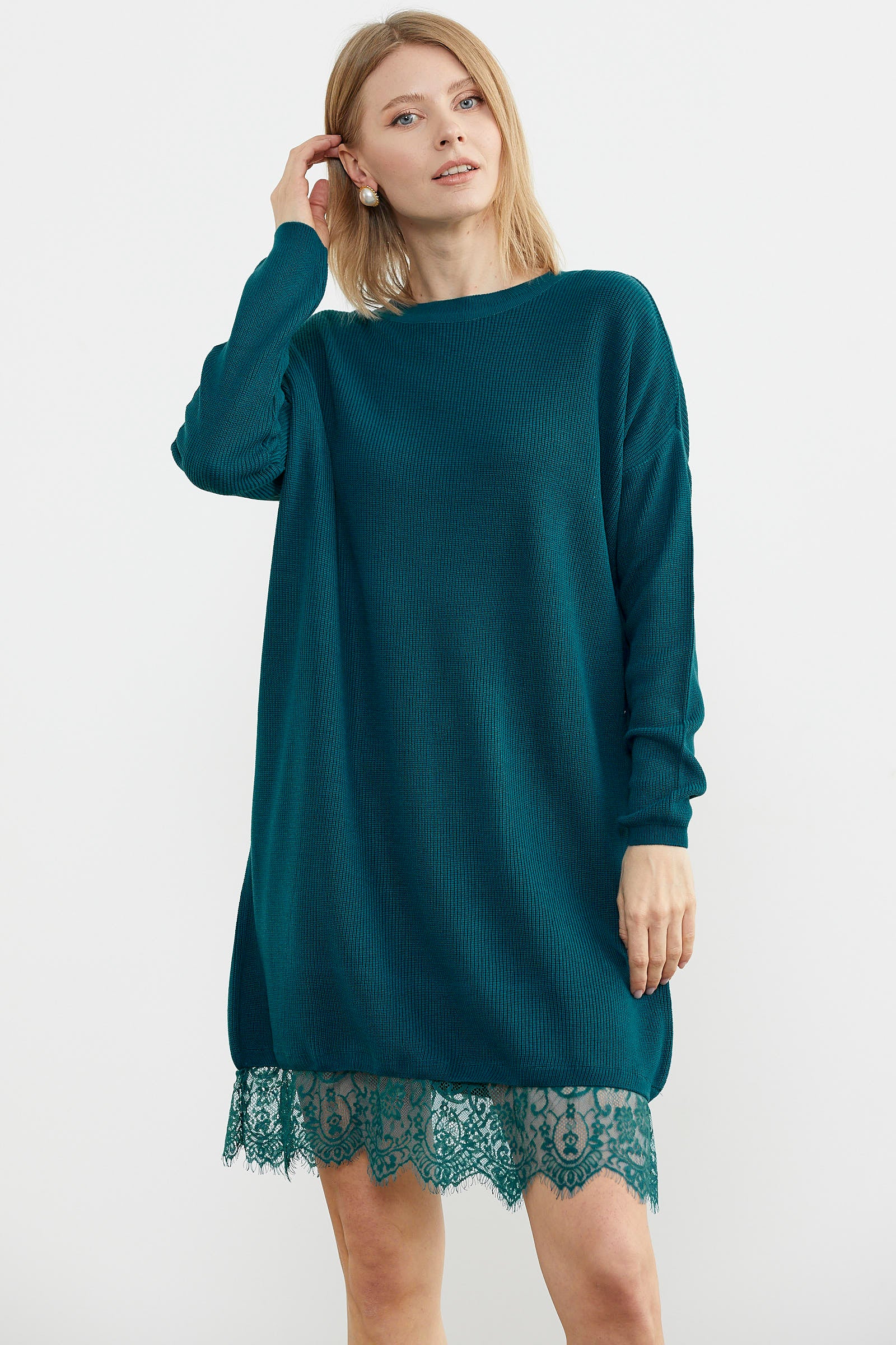 Dantel Detaylı Kısa Triko Elbise - Turkuaz (4) Sementa