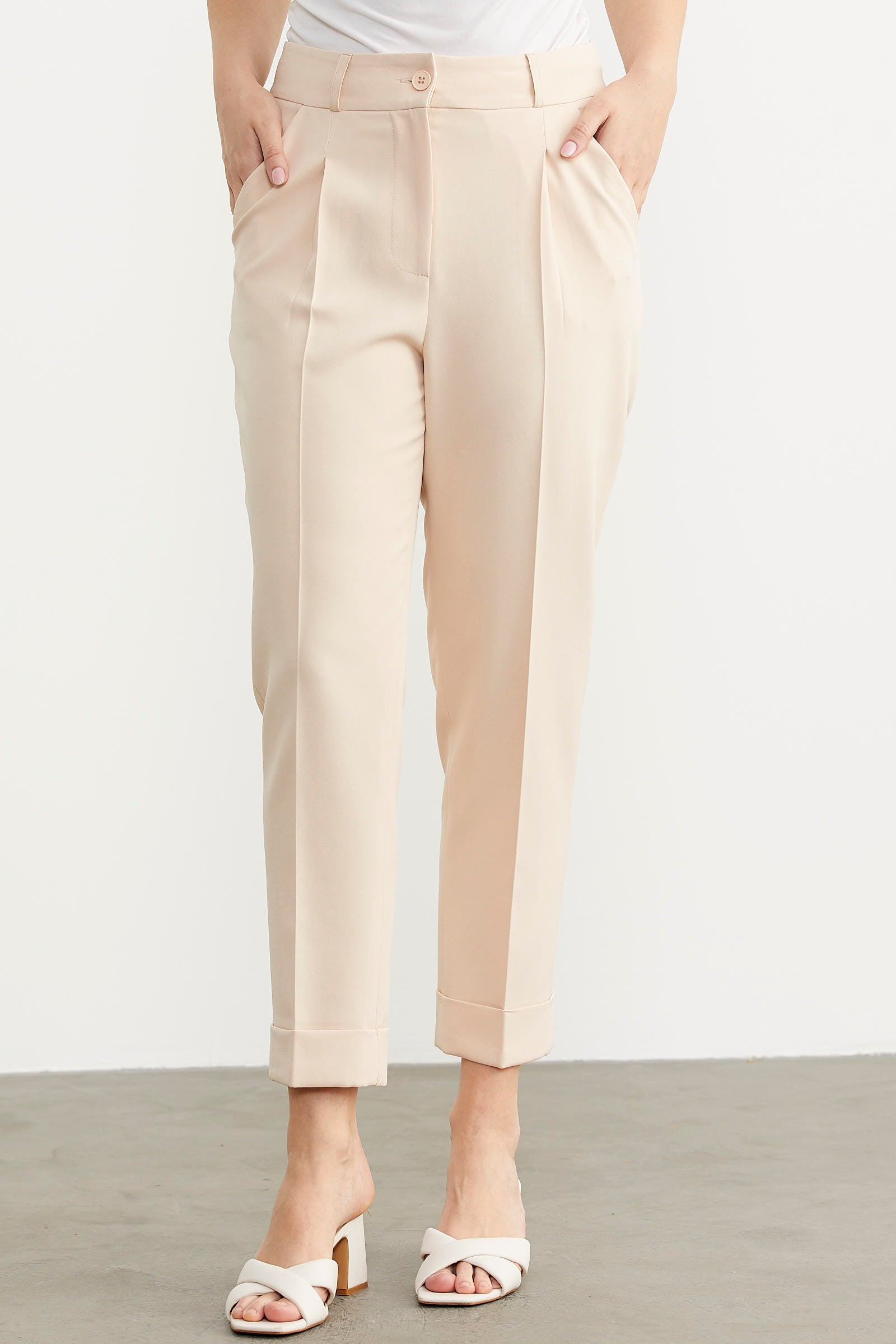 Dar Duble Paça Mevsimlik Kumaş Pantolon - Bej (2) Sementa
