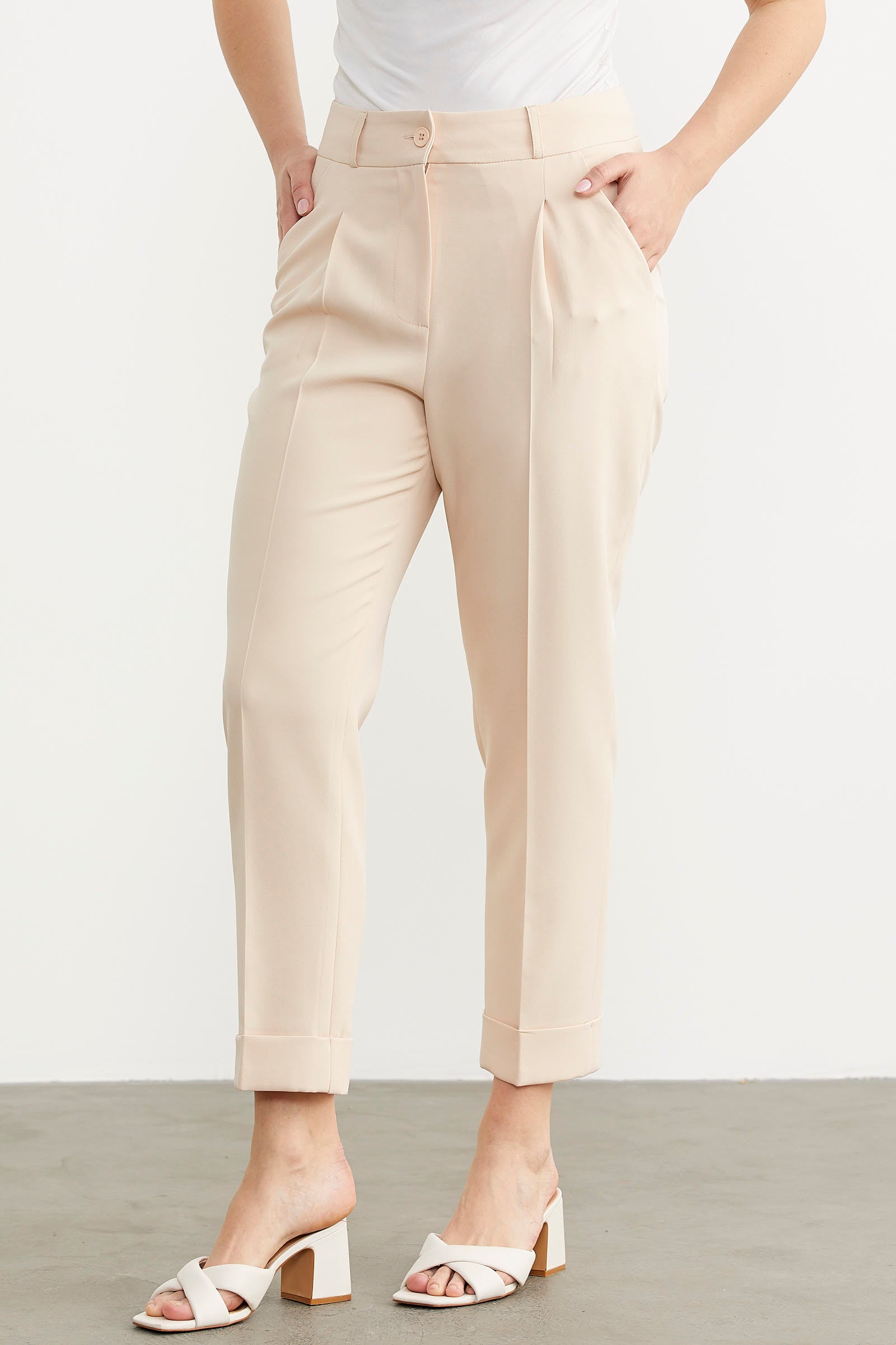 Dar Duble Paça Mevsimlik Kumaş Pantolon - Bej (5) Sementa