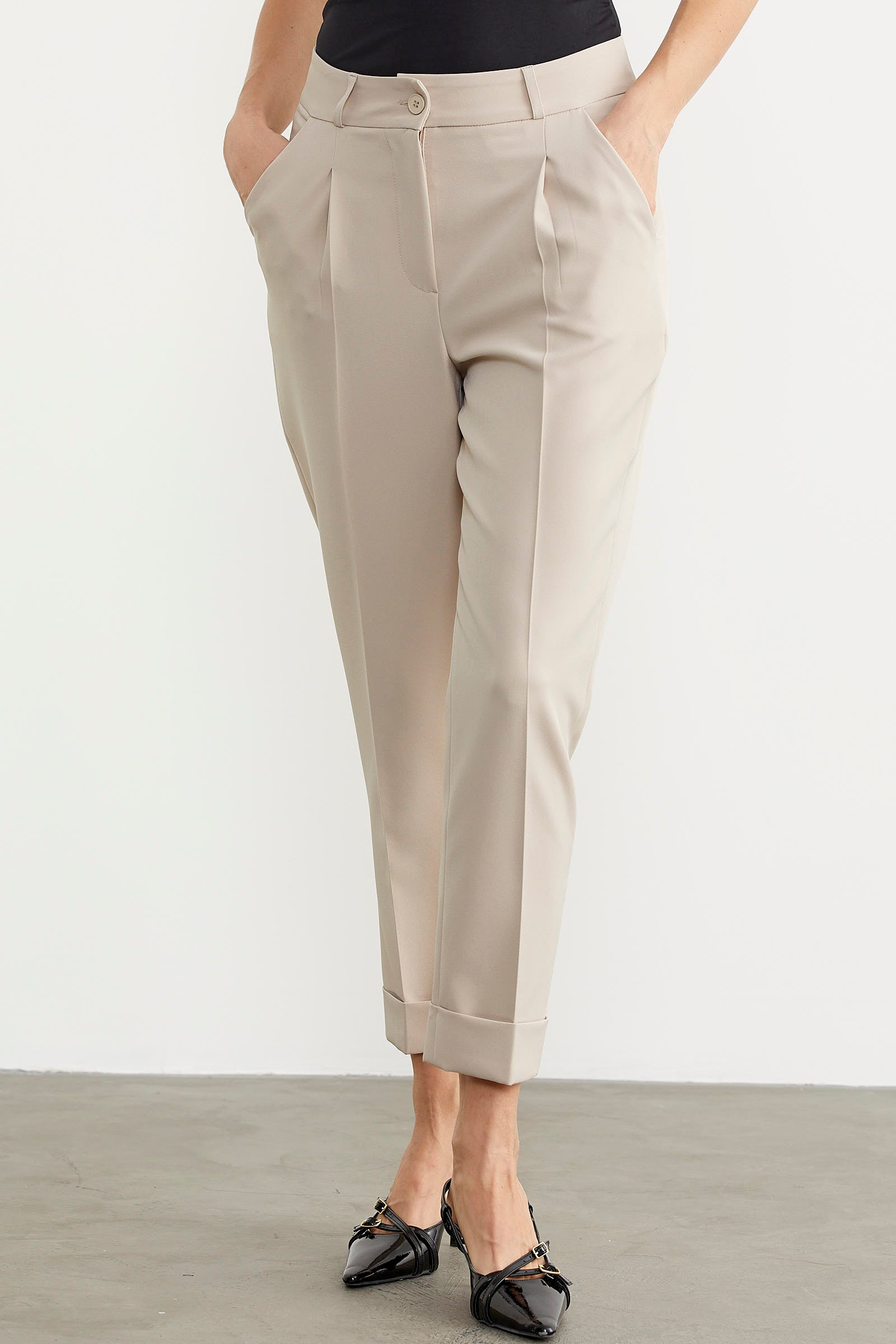 Dar Duble Paça Mevsimlik Kumaş Pantolon - Taş (3) Sementa