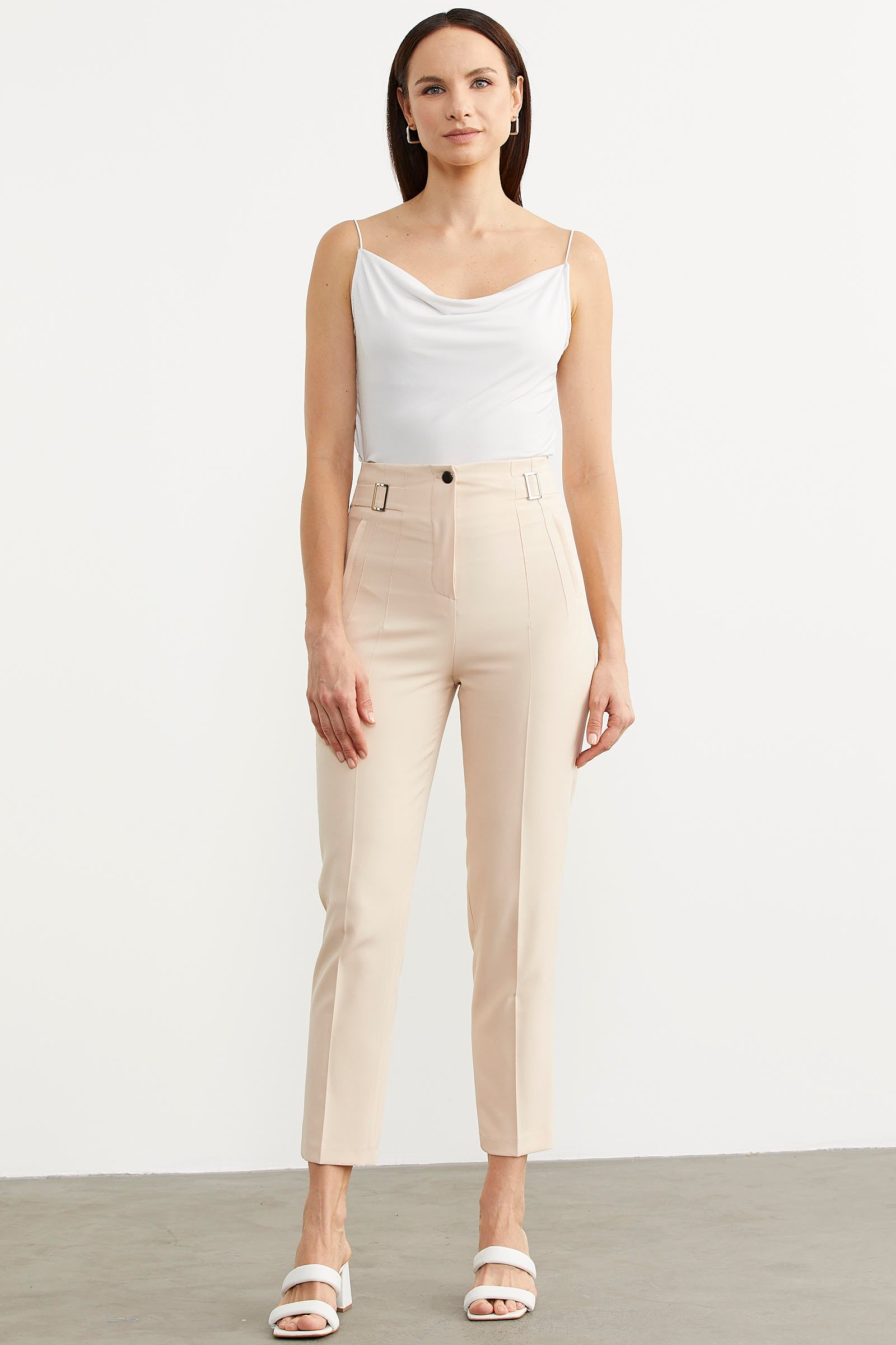 Dar Paça Yüksek Bel Kumaş Pantolon - Bej (2) Sementa