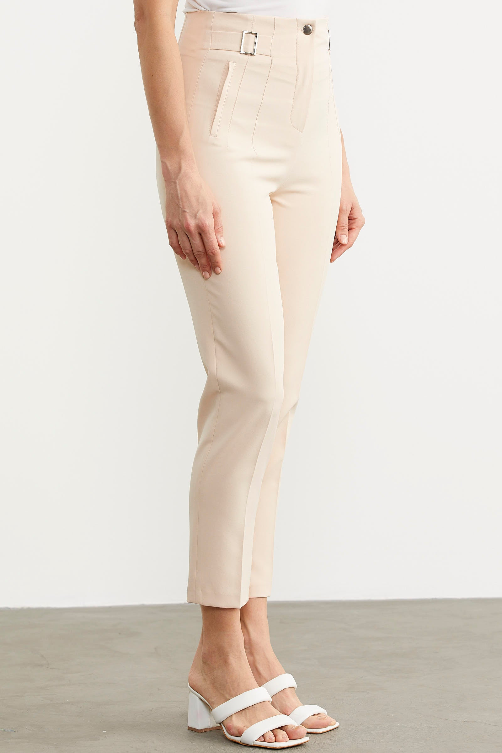 Dar Paça Yüksek Bel Kumaş Pantolon - Bej (3) Sementa