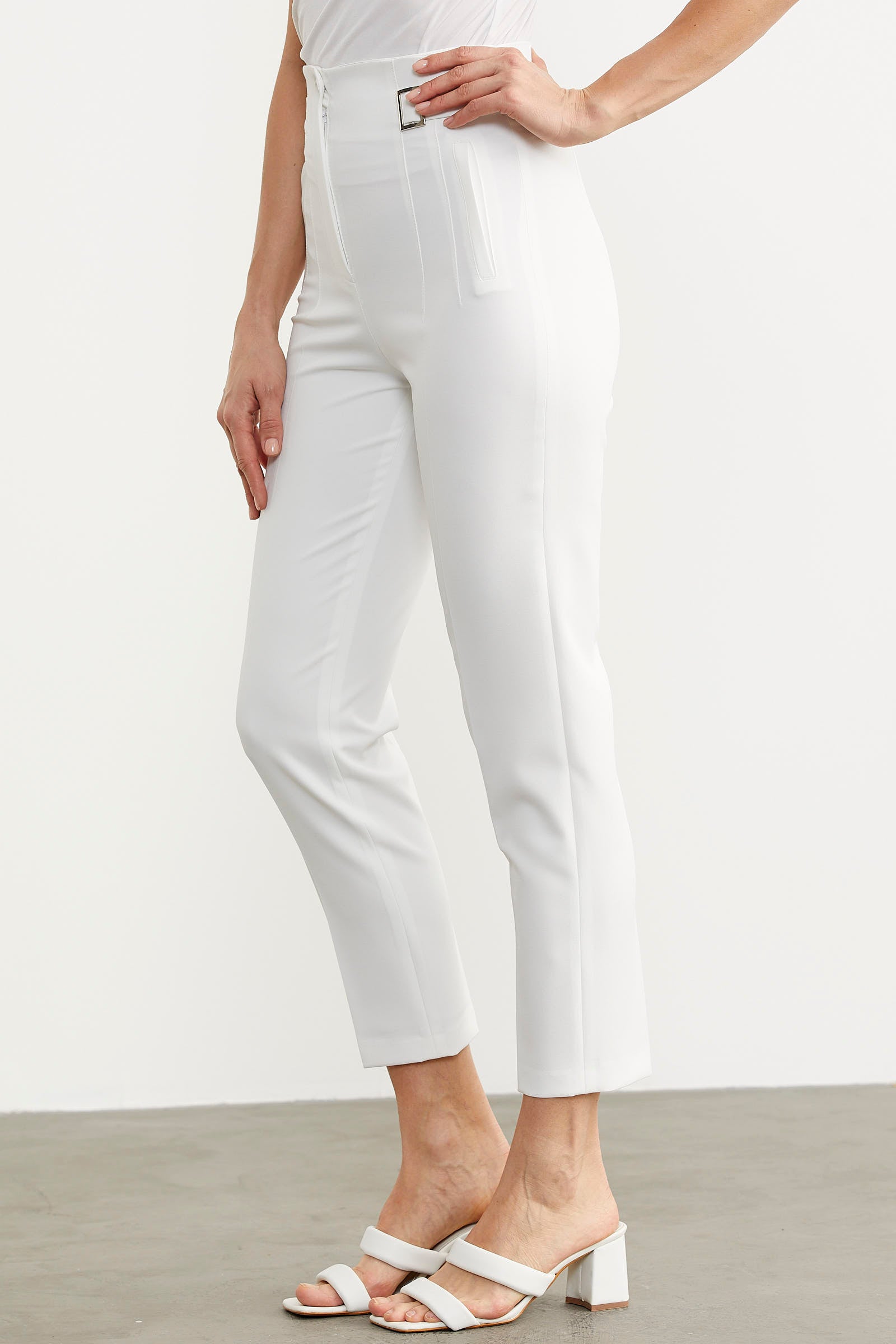Dar Paça Yüksek Bel Kumaş Pantolon - Ekru (4) Sementa