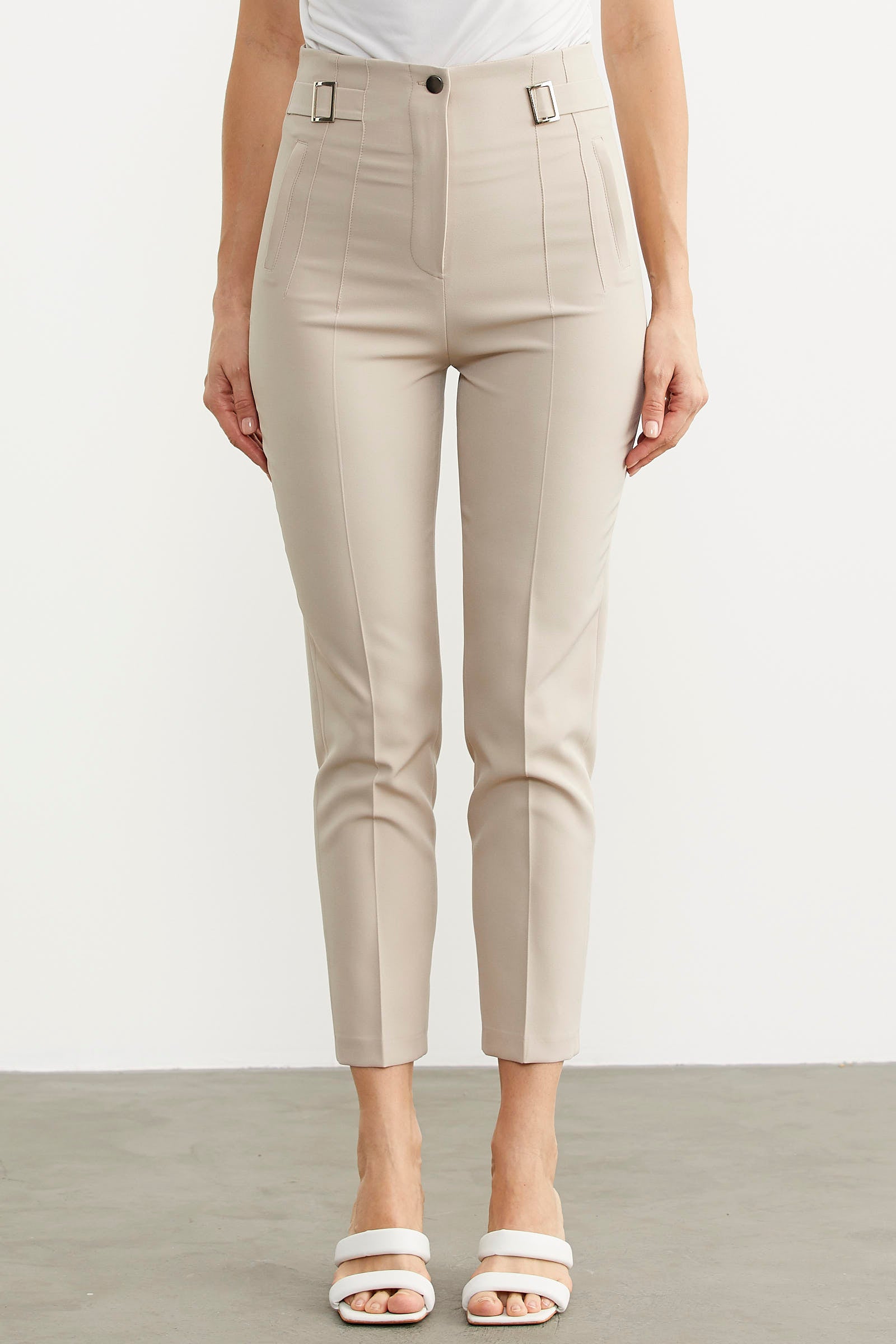 Dar Paça Yüksek Bel Kumaş Pantolon - Taş (1) Sementa