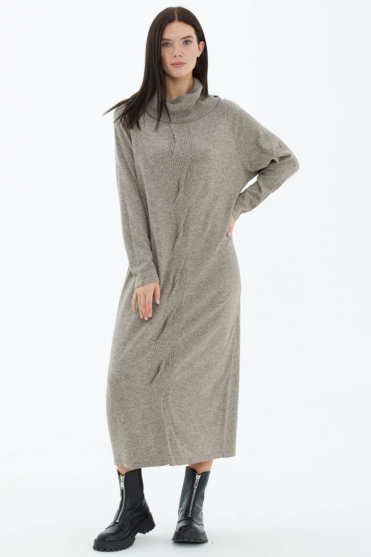 Degaje Yaka Önü Saç Örgülü Triko Elbise - Bej (4) Sementa