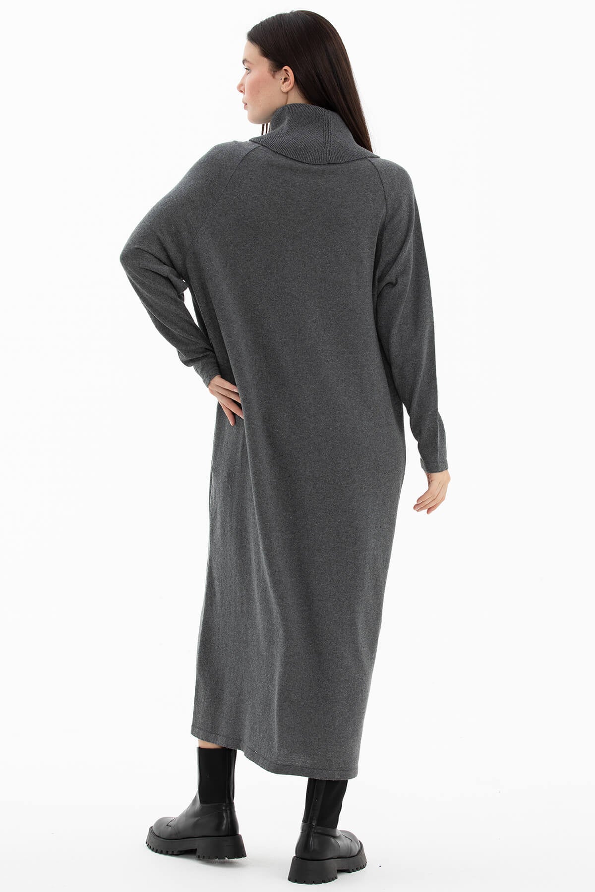 Degaje Yaka Önü Saç Örgülü Triko Elbise - Koyu Gri (6) Sementa