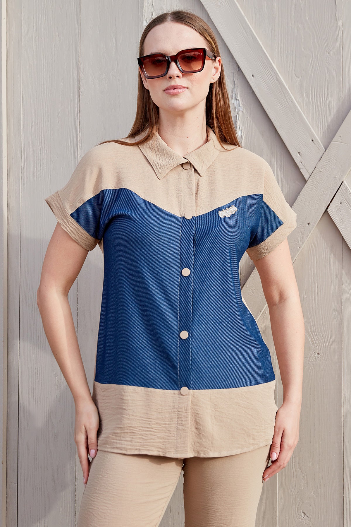 Denim Görünümlü Çift Renk Takım - Taş (2) Sementa