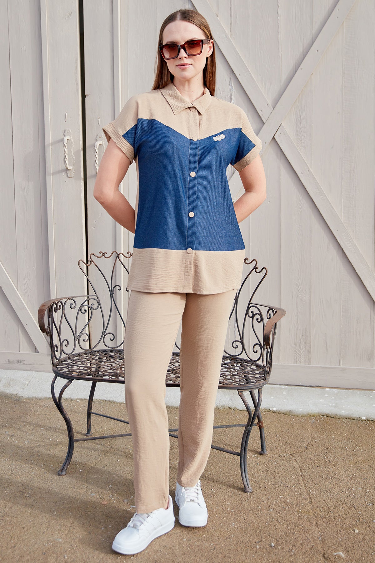 Denim Görünümlü Çift Renk Takım - Taş (4) Sementa