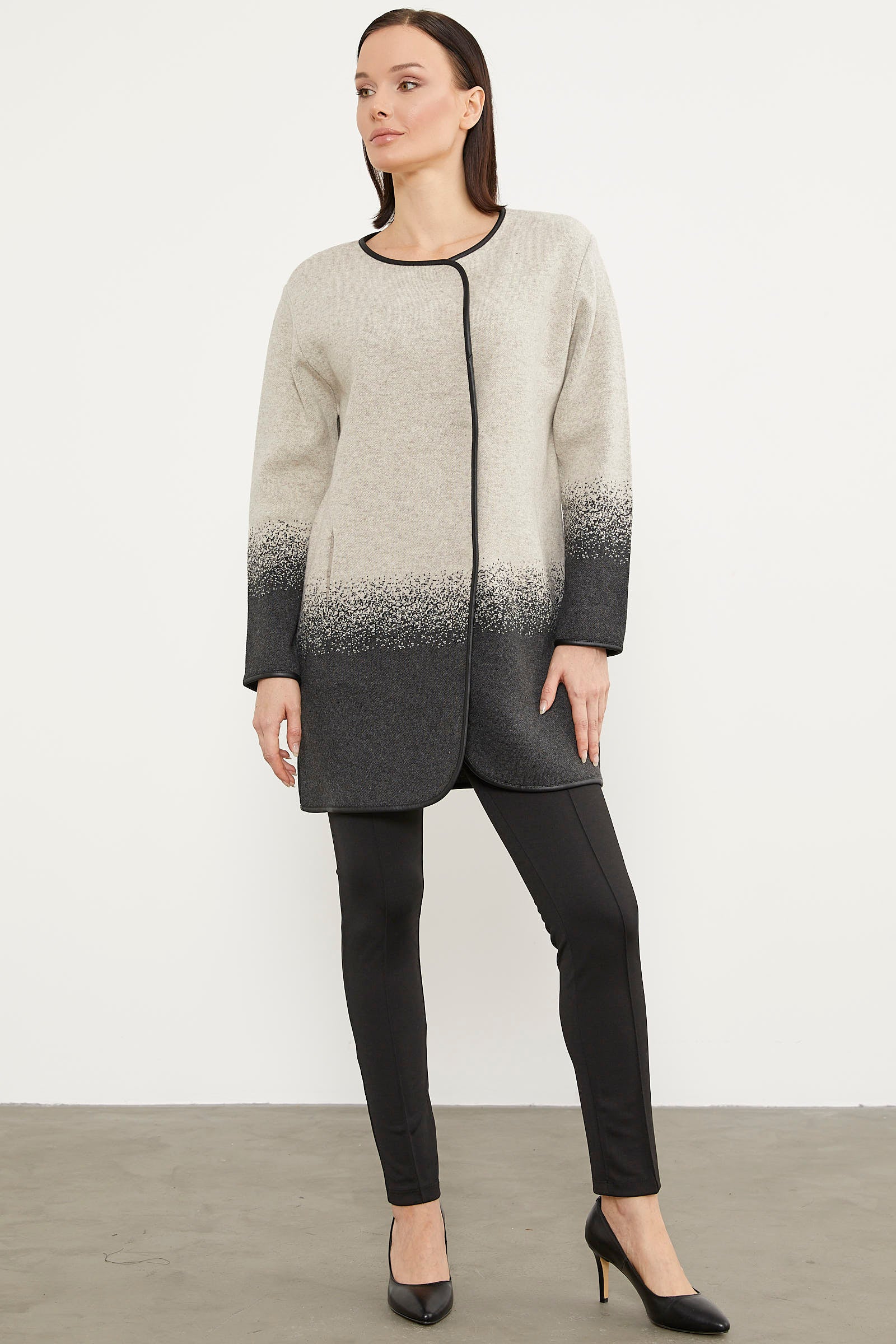 Deri Biye Detaylı Çift Renk Triko Ceket - Bej (2) Sementa