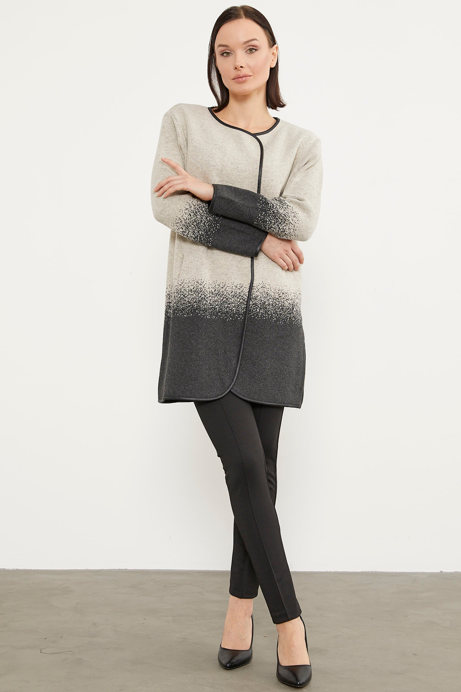 Deri Biye Detaylı Çift Renk Triko Ceket - Bej (4) Sementa