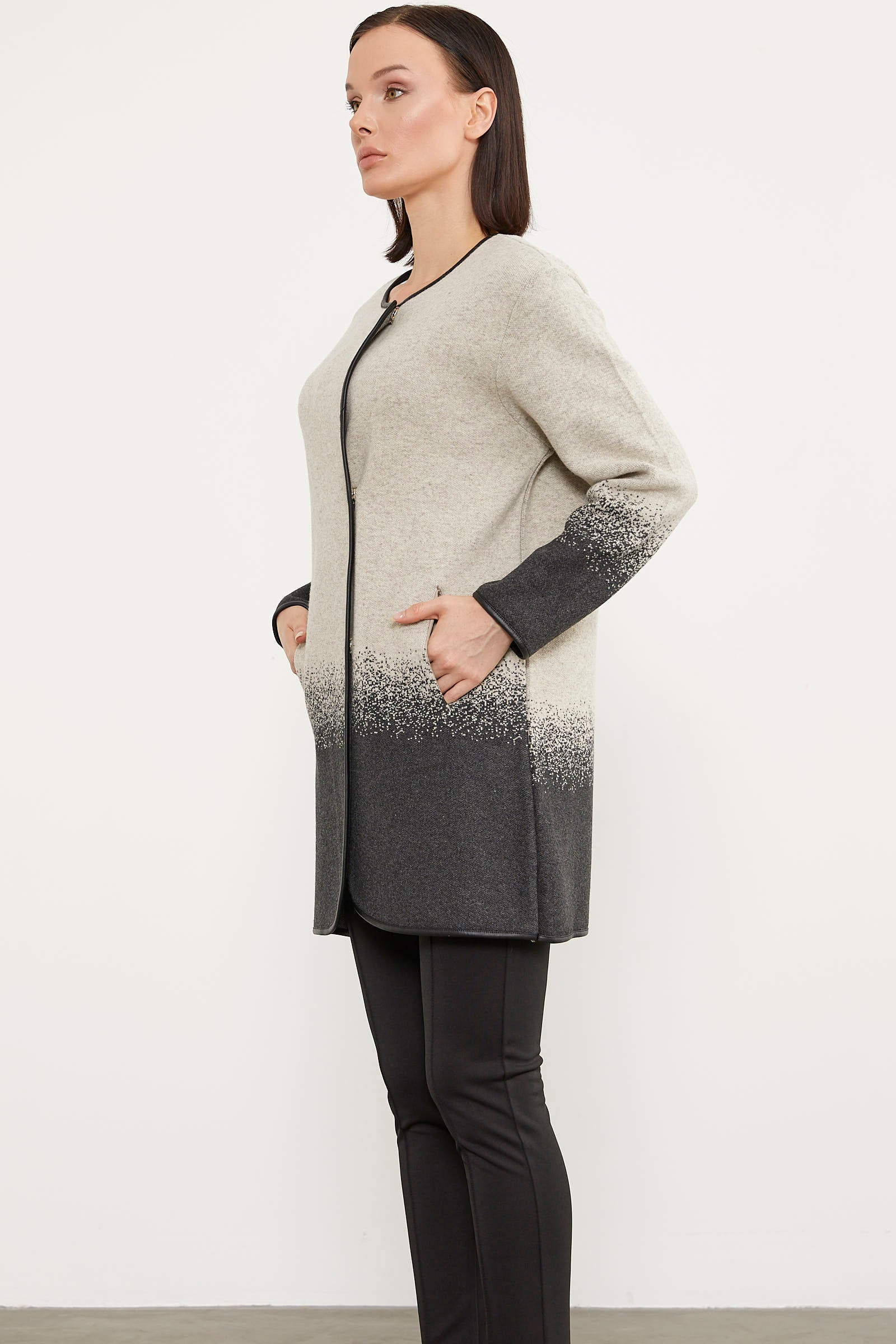 Deri Biye Detaylı Çift Renk Triko Ceket - Bej (5) Sementa