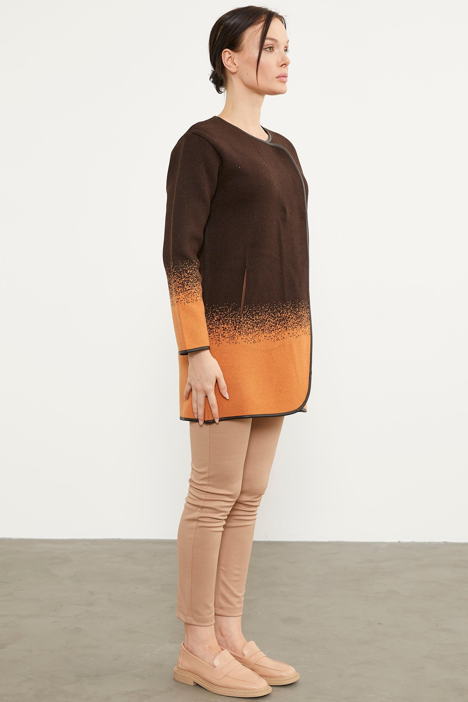 Deri Biye Detaylı Çift Renk Triko Ceket - Kahve (5) Sementa