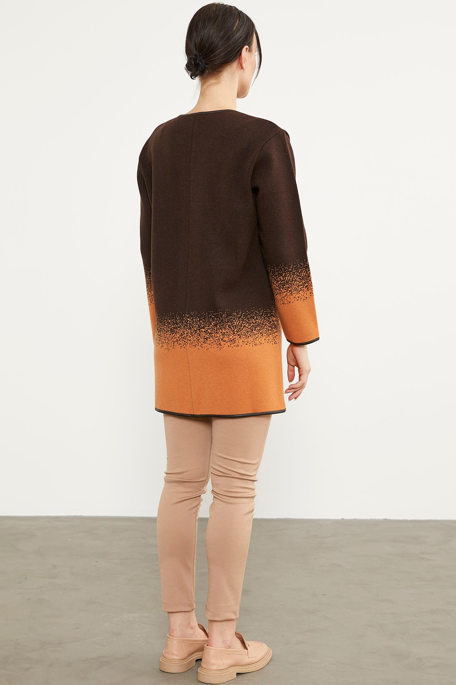 Deri Biye Detaylı Çift Renk Triko Ceket - Kahve (6) Sementa