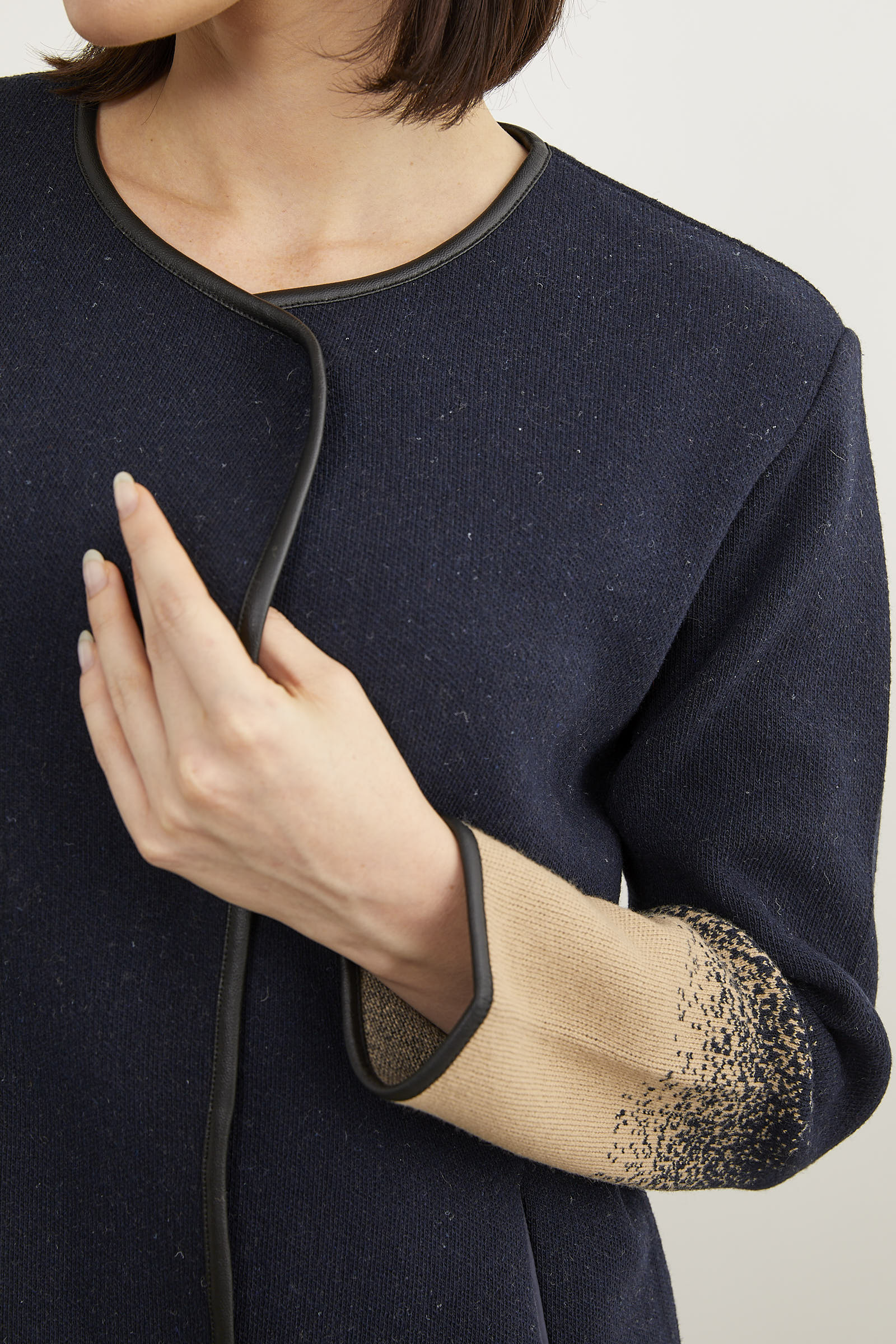 Deri Biye Detaylı Çift Renk Triko Ceket - Lacivert (7) Sementa